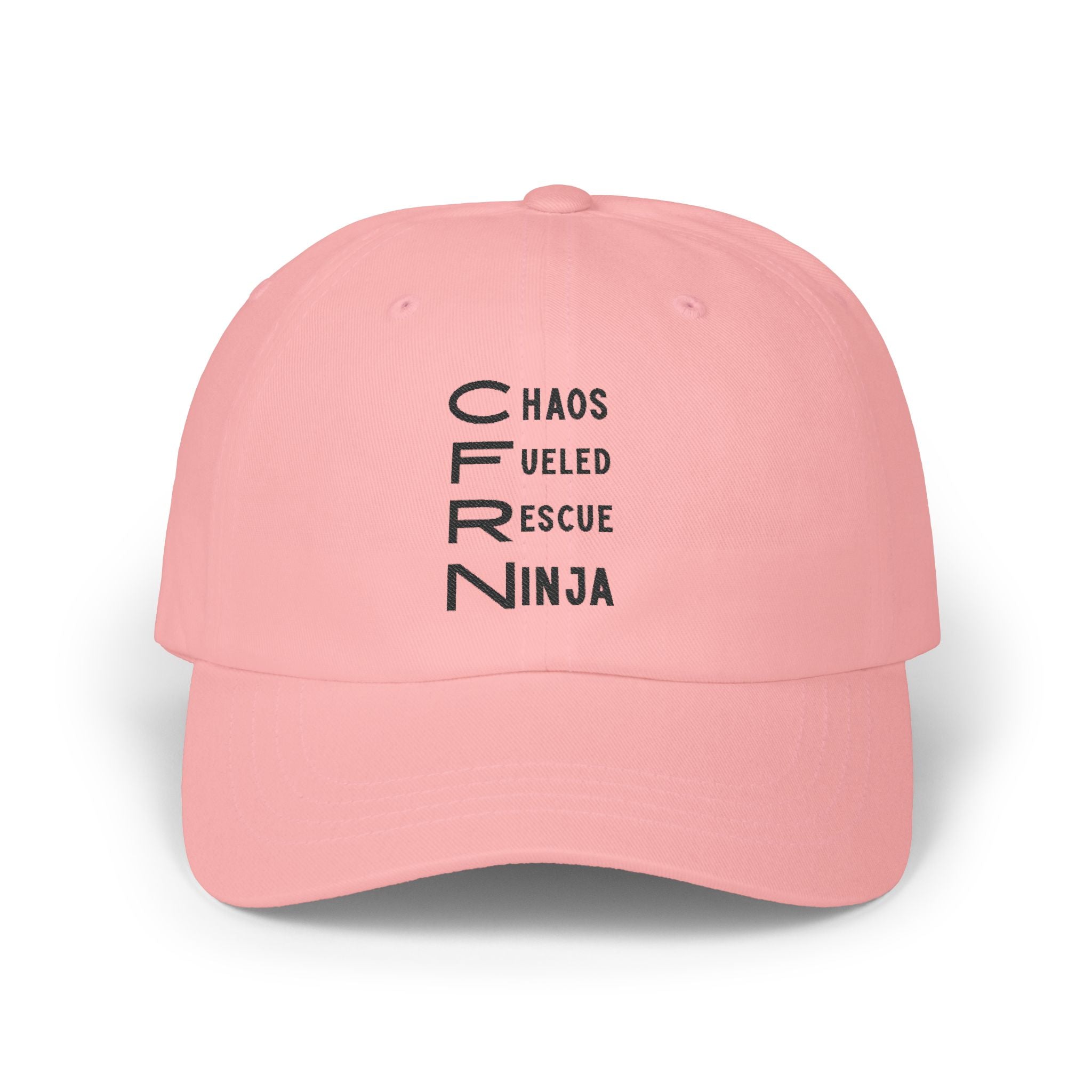 Pink cap with CFRN 'Chaos Fueled Rescue Ninja' text on a white background 