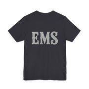 Dark gray t-shirt with lacy 'EMS' text on the back against a white background
