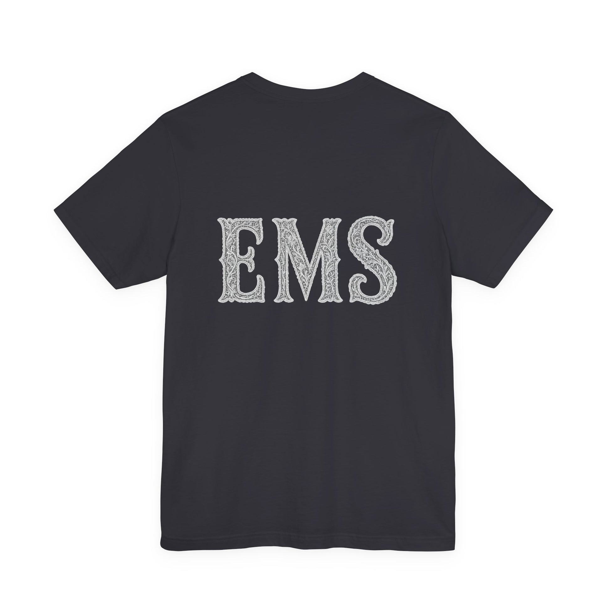 Dark gray t-shirt with lacy 'EMS' text on the back against a white background