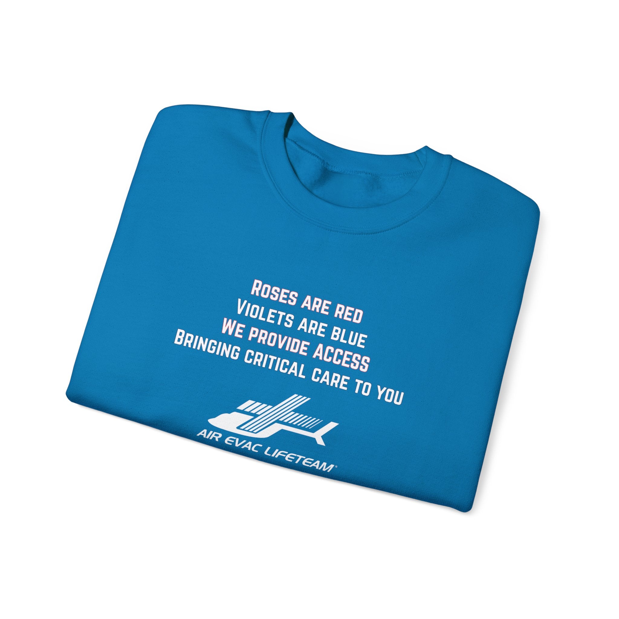 Folded blue crewneck sweatshirt with Valentine's day poem and Air Evac Lifeteam logo on a white background