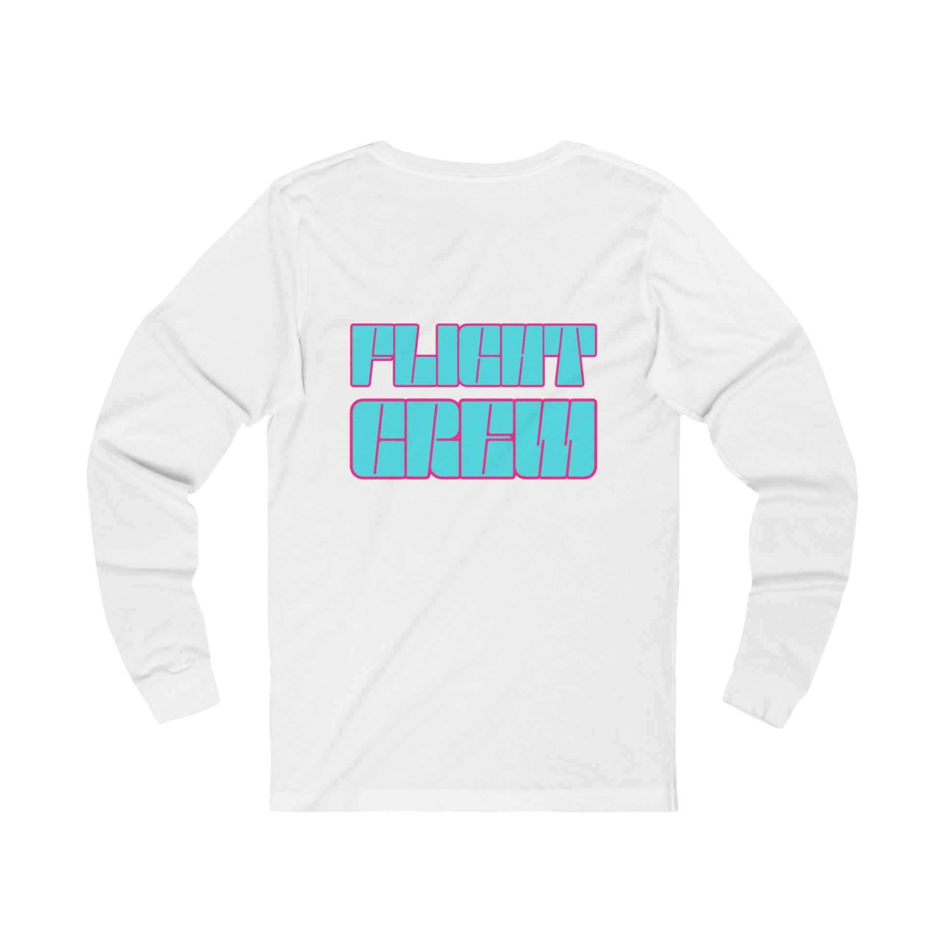 White long-sleeve shirt with 'FLIGHT CREW' text in turquoise by Rotor Wash & Wear