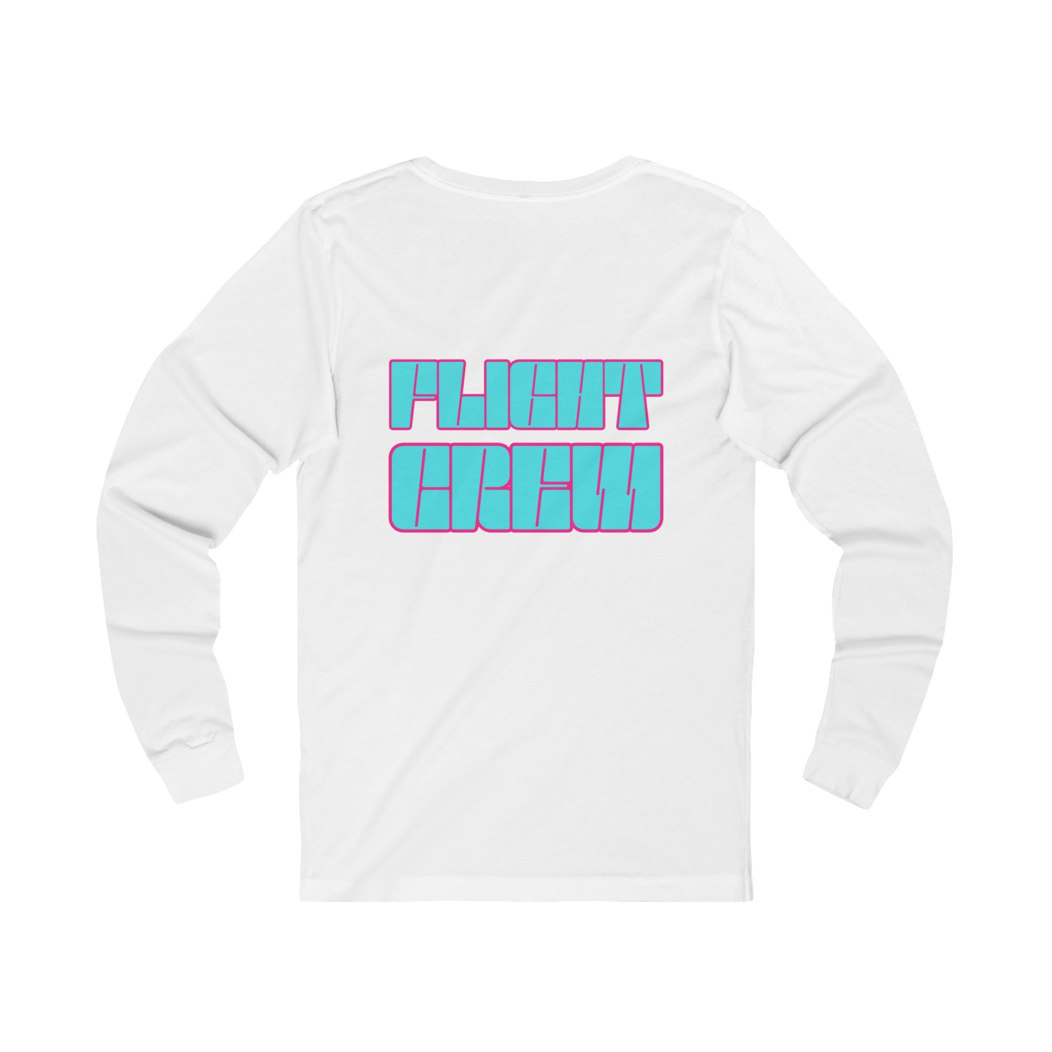 White long-sleeve shirt with 'FLIGHT CREW' text in turquoise by Rotor Wash & Wear