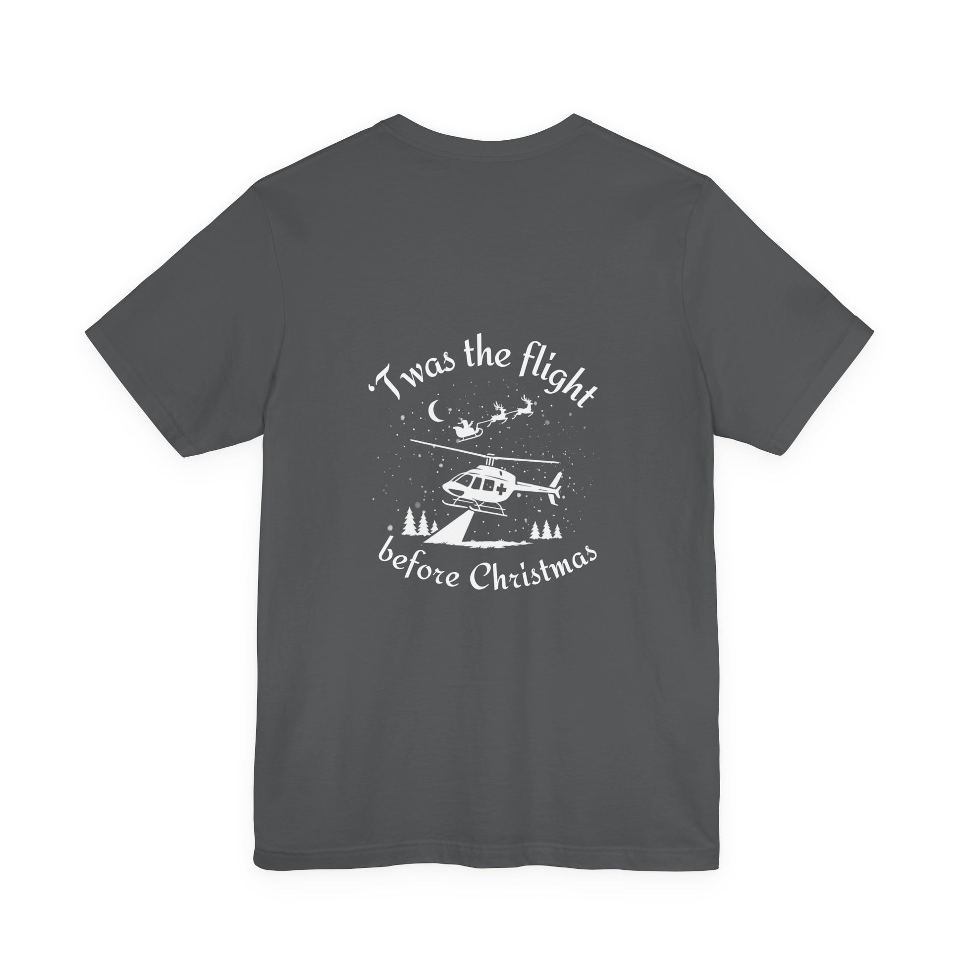 Gray  t-shirt with white helicopter graphic in the snow with Santa and his sleigh in the background and text "'Twas the flight before Christmas" by Rotor Wash & Wear