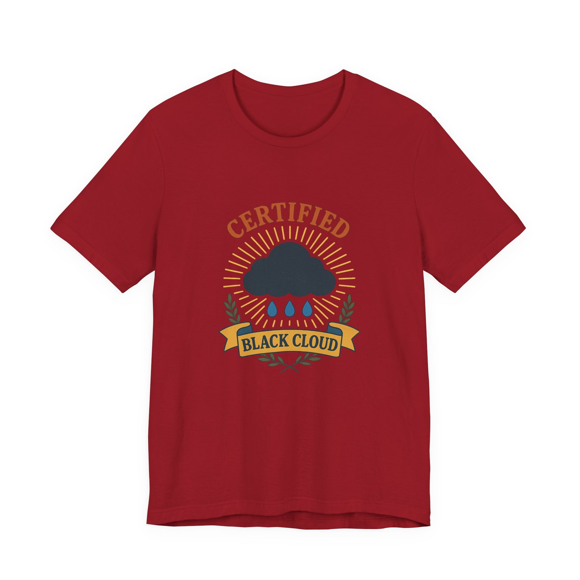 Red t-shirt with 'Certified Black Cloud' graphic design on a white background