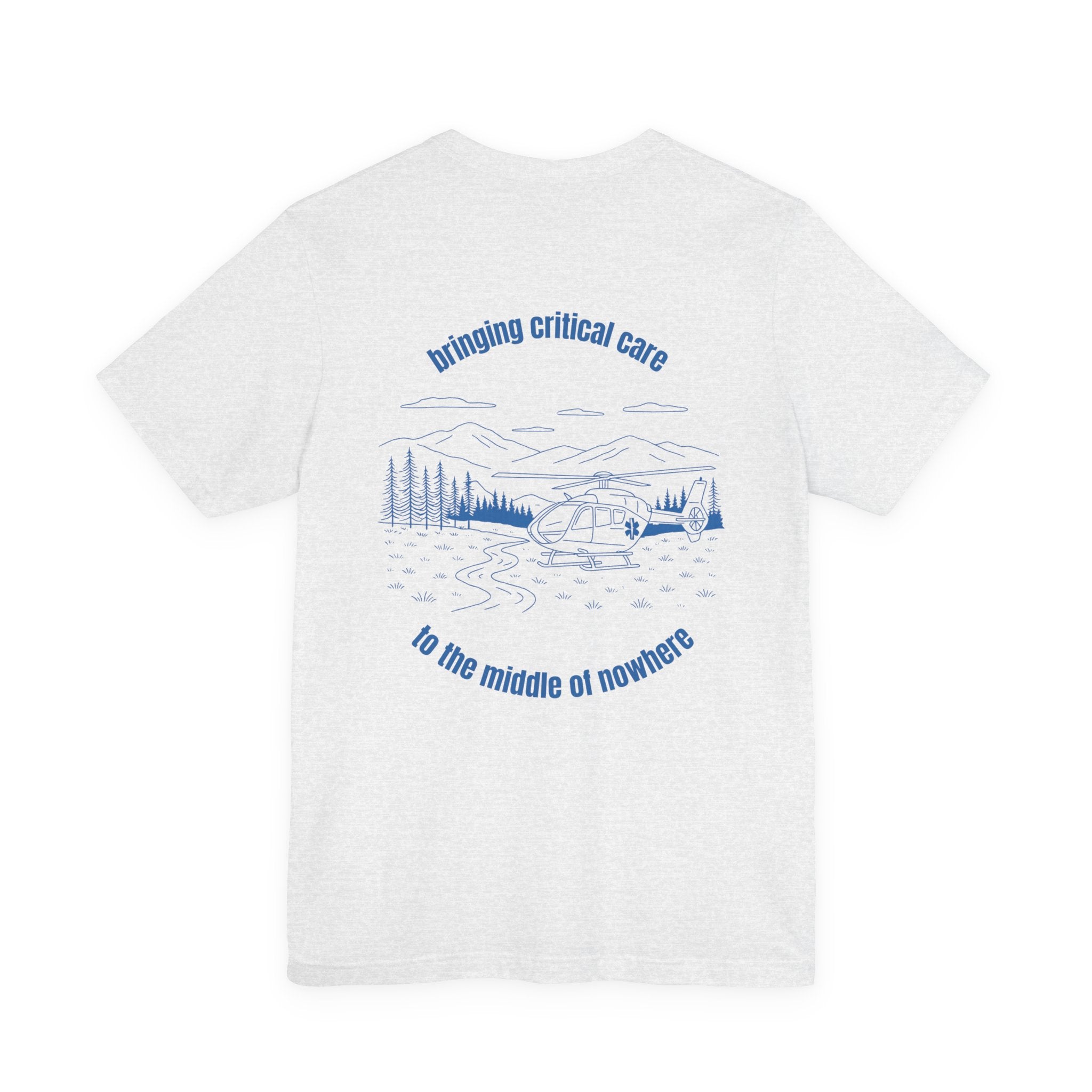 Heather cement t-shirt with a helicopter graphic and text "bringing critical care to the middle of nowhere" on the back, displayed on a white background.