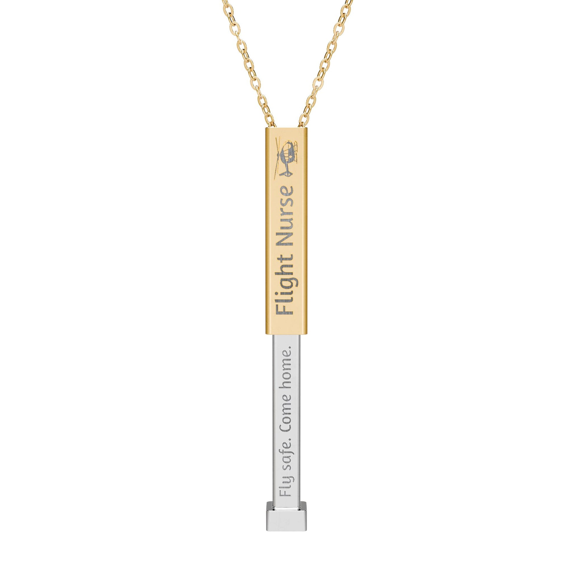 Silver and gold two-toned necklace with a cylindrical pendant engraved with 'flight nurse' with hidden interior engraving "Fly Safe. Come home." by Rotor Wash & Wear