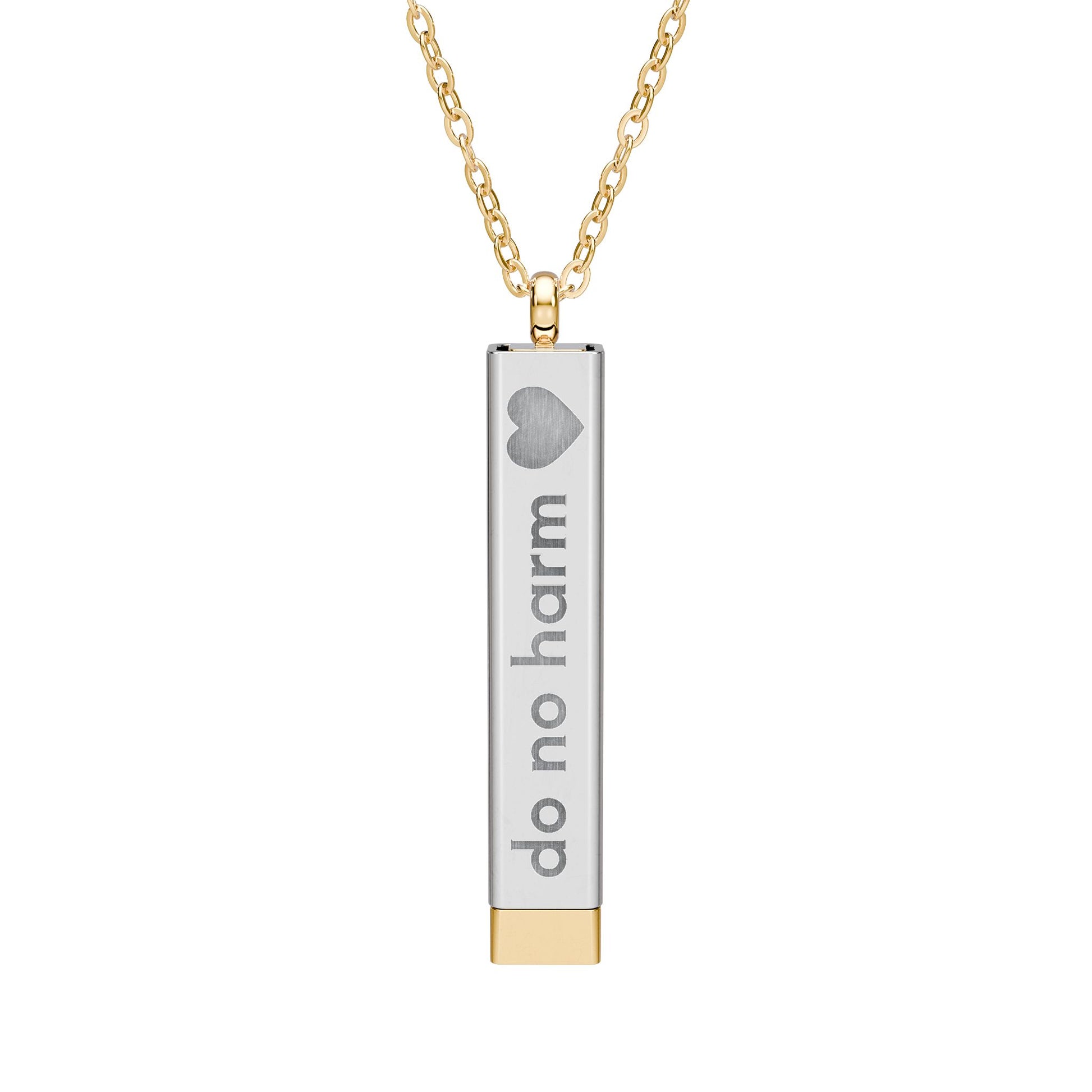 Silver and gold two-toned necklace with a cylindrical pendant engraved with 'do no harm' with interior engraving "but take no shit" by Rotor Wash & Wear