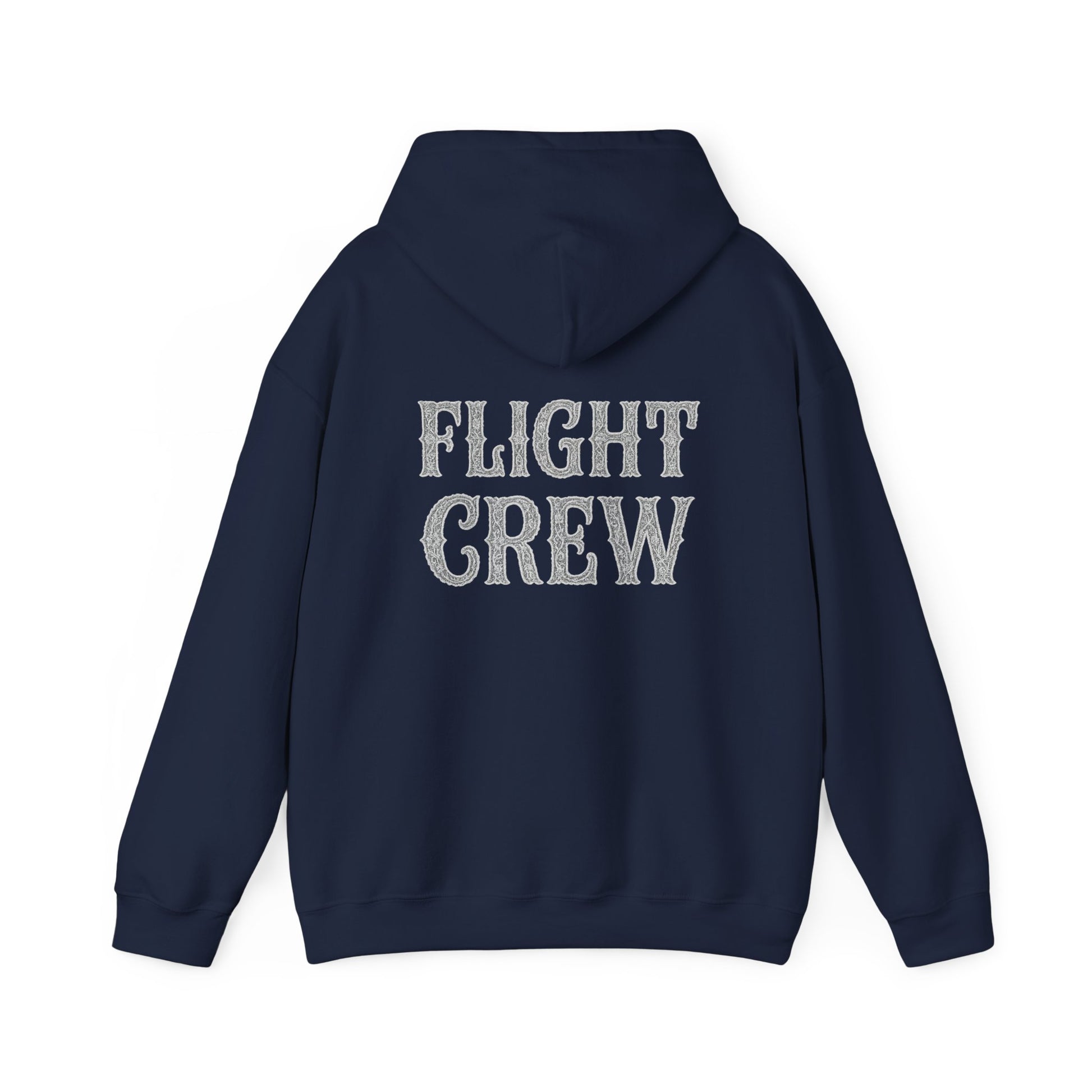 Navy blue hoodie with 'FLIGHT CREW' text on the back against a white background