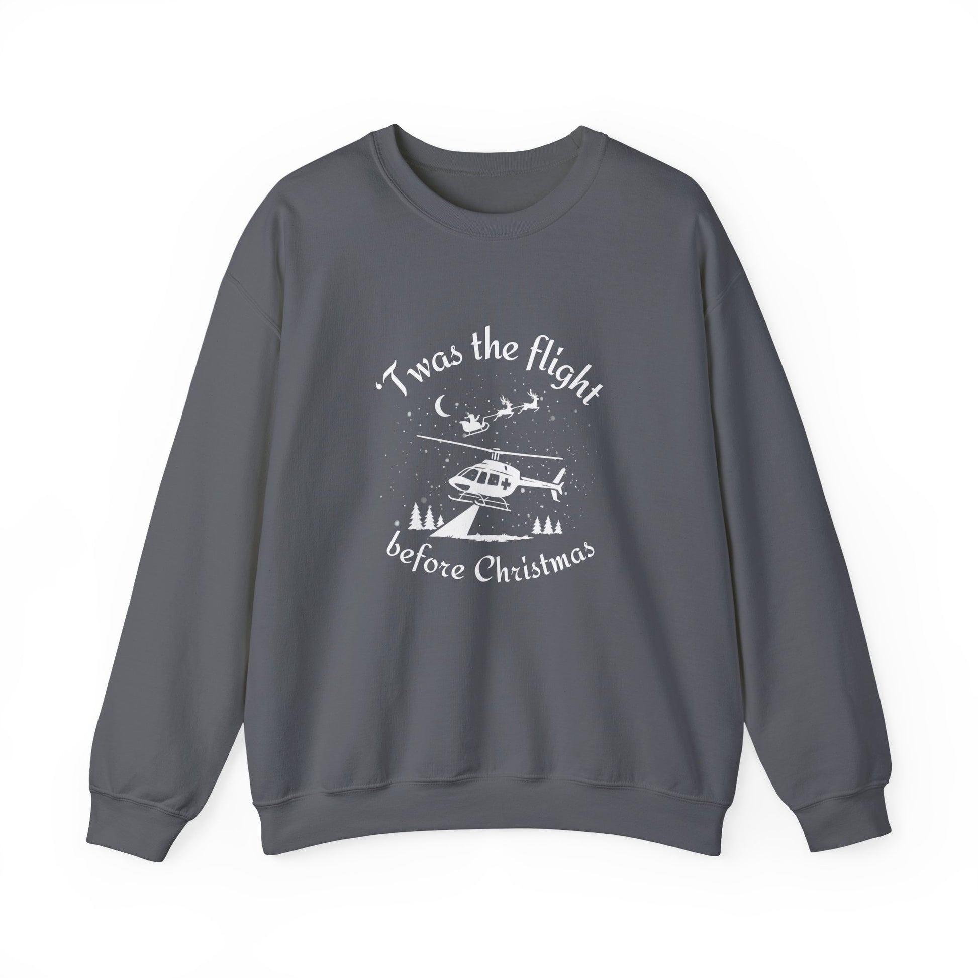 Gray weatshirt with helicopter graphic and Santa and his sleigh in the background with text "'Twas the flight before Christmas" by Rotor Wash & Wear