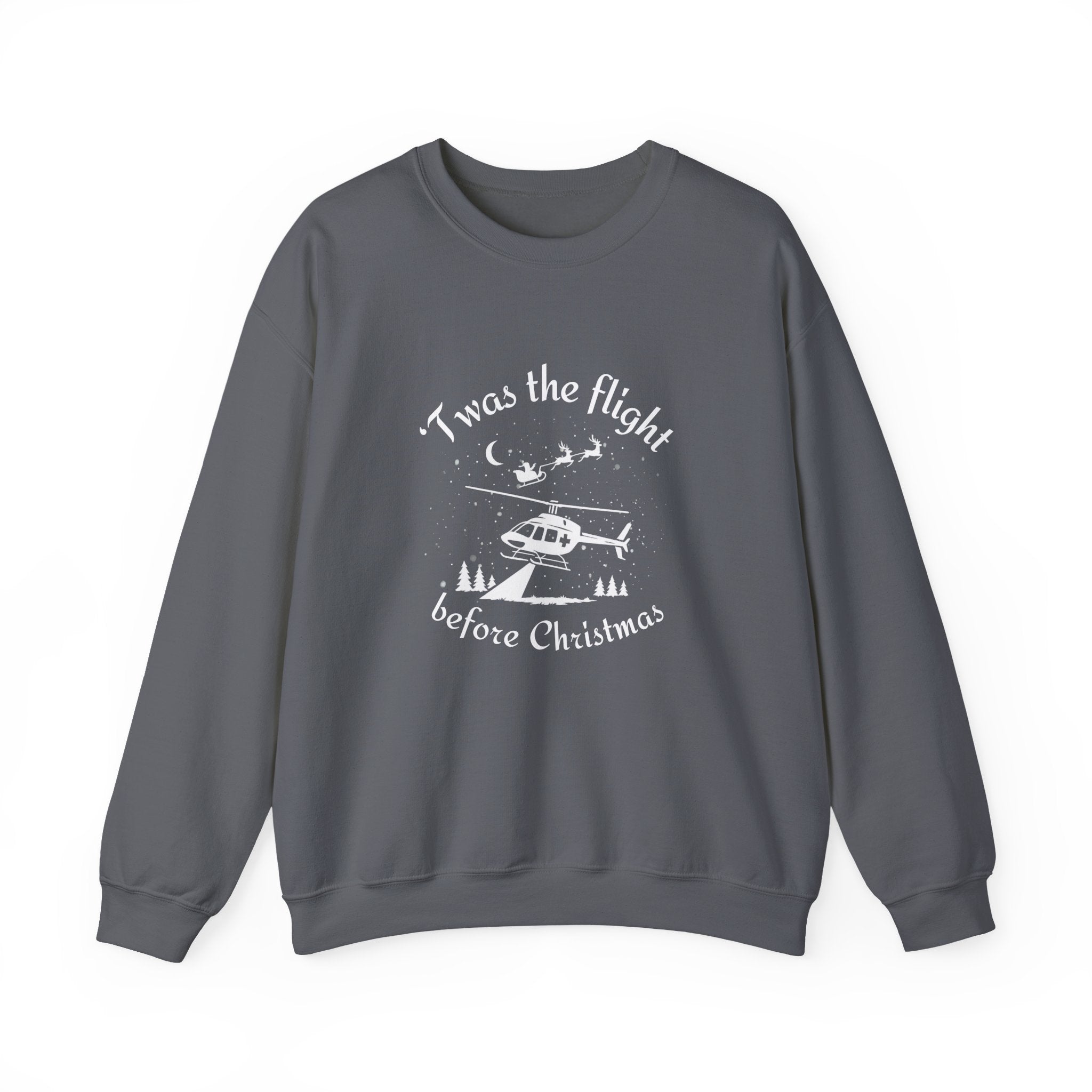 Gray weatshirt with helicopter graphic and Santa and his sleigh in the background with text "'Twas the flight before Christmas" by Rotor Wash & Wear