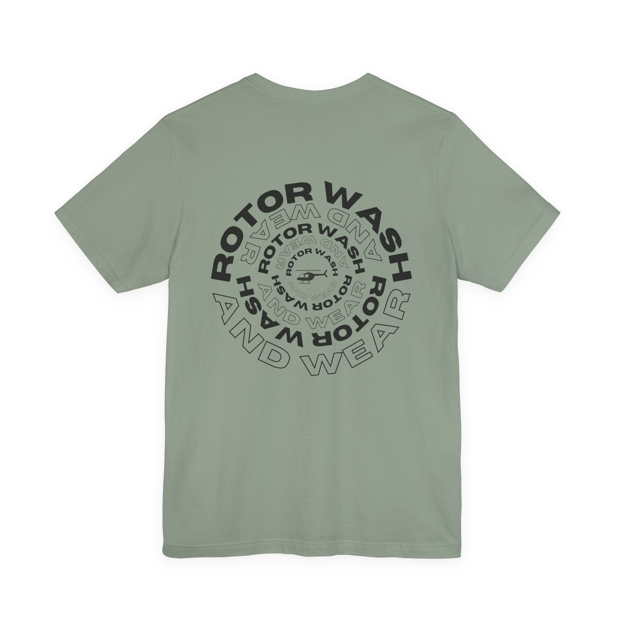Sage t-shirt with 'Rotor Wash and Wear' circular design text design on a white background