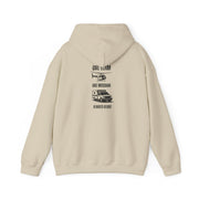 Beige hoodie with black text "One team, one mission, always ready" with medical helicopter and ambulance graphics on the back against a white background