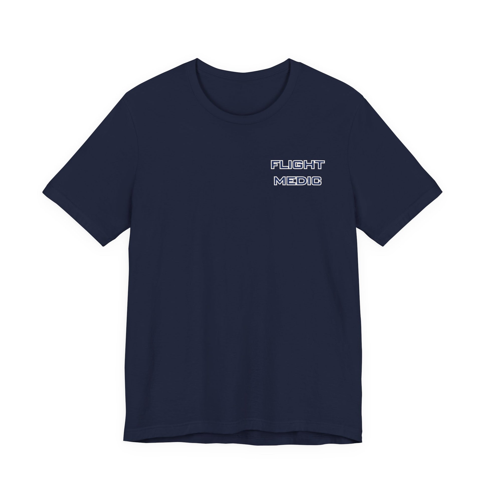 Navy blue t-shirt with text 'Flight Medic' on the left chest by Rotor Wash & Wear