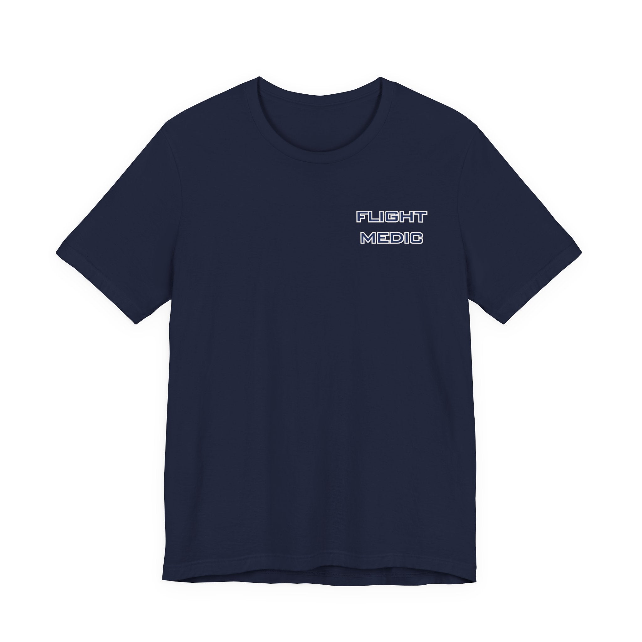 Navy blue t-shirt with text 'Flight Medic' on the left chest by Rotor Wash & Wear