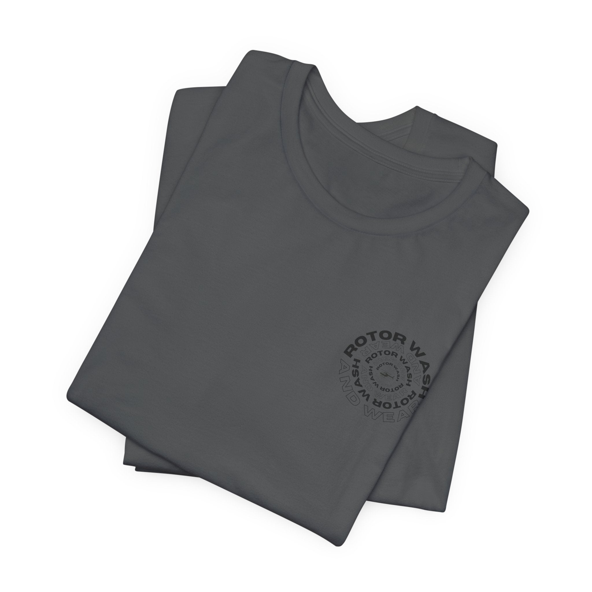 Folded gray t-shirt with 'Rotor Wash and Wear' circular design text design on the left chest on a white background