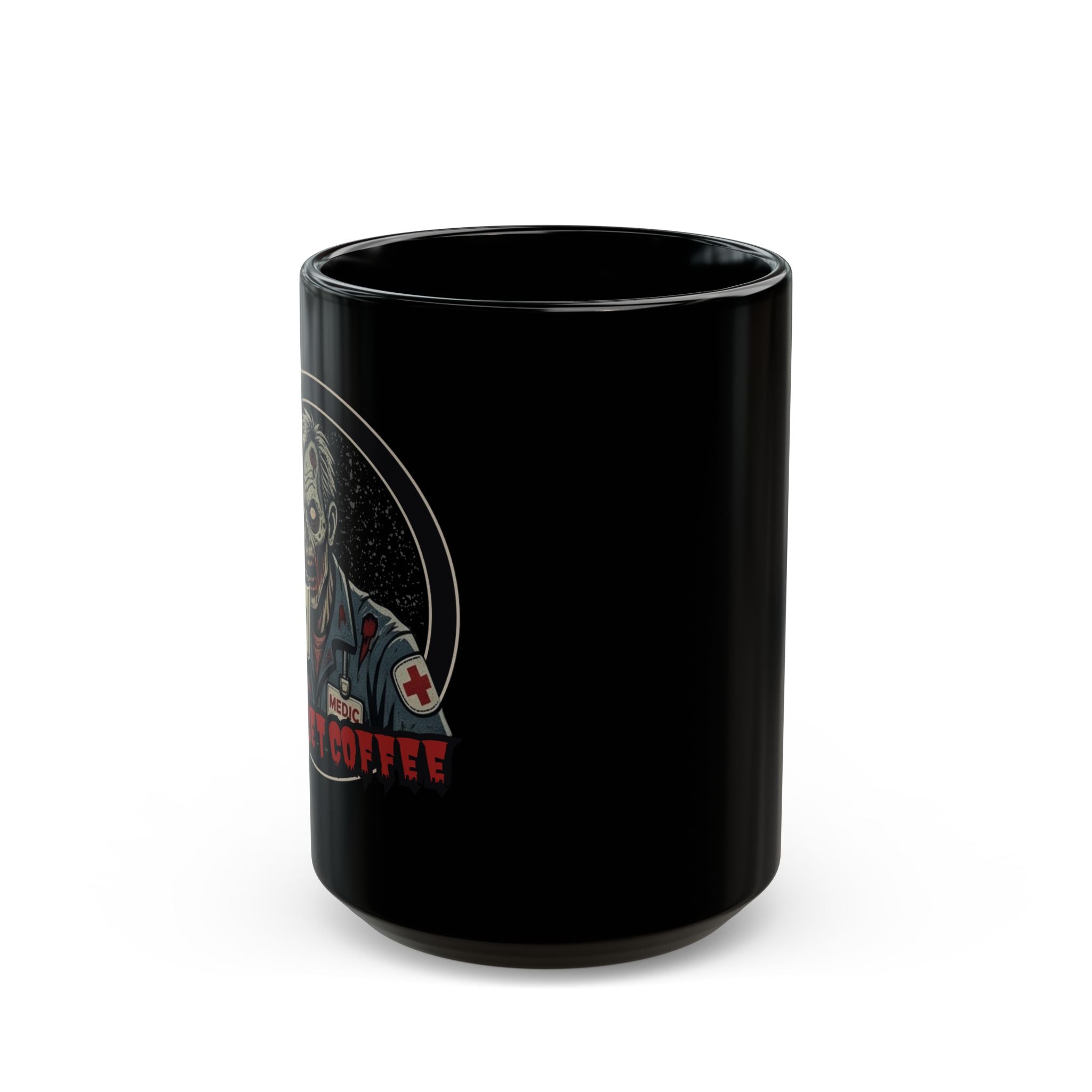 A black ceramic coffee mug featuring a zombie medic graphic holding a coffee mug, with the text 'MUST GET COFFEE' in red below by Rotor Wash & Wear