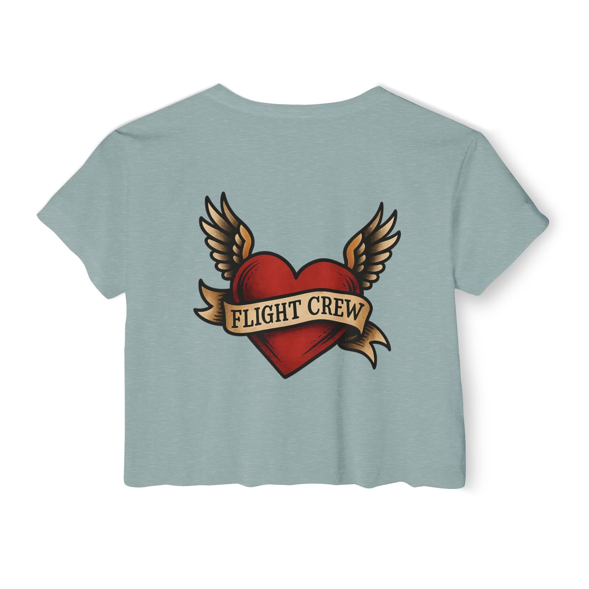 Light green crop top with a red heart and wings design featuring 'FLIGHT CREW' text on a white background