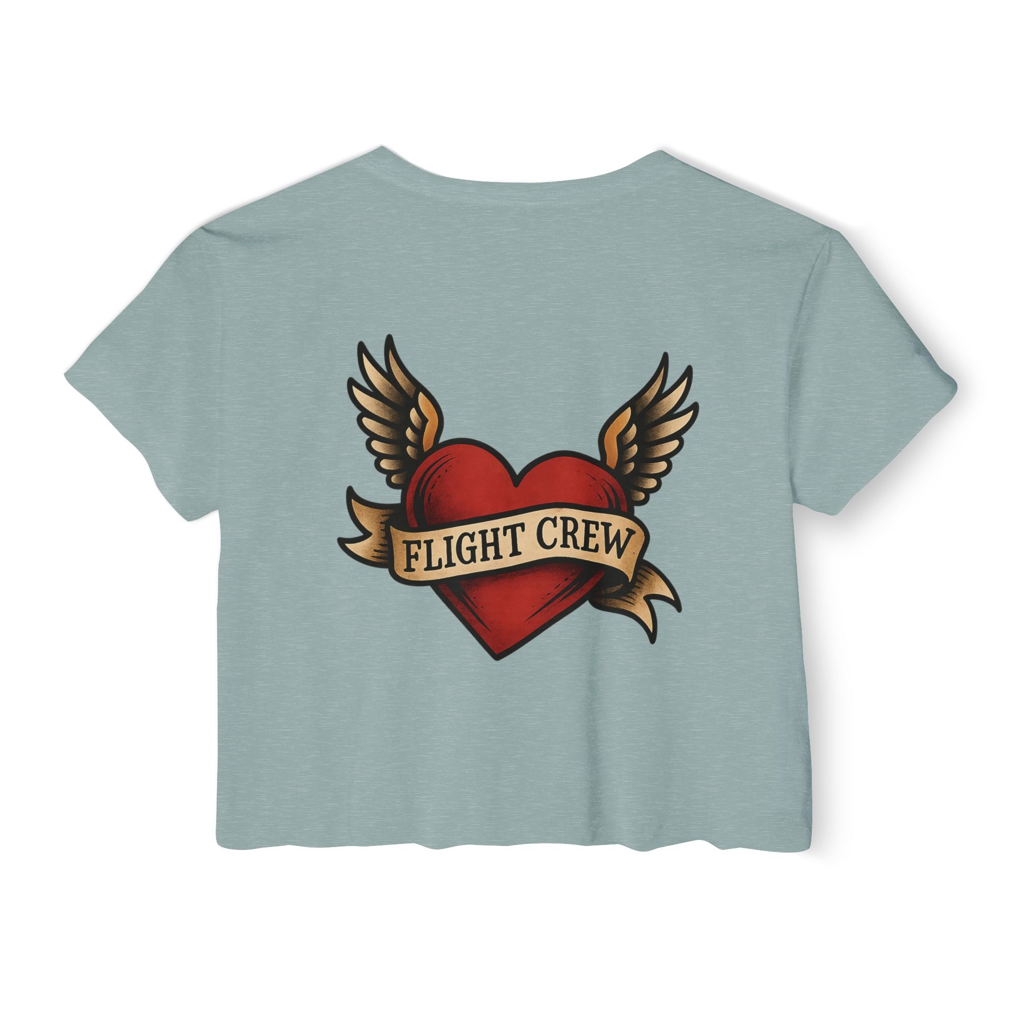 Light green crop top with a red heart and wings design featuring 'FLIGHT CREW' text on a white background