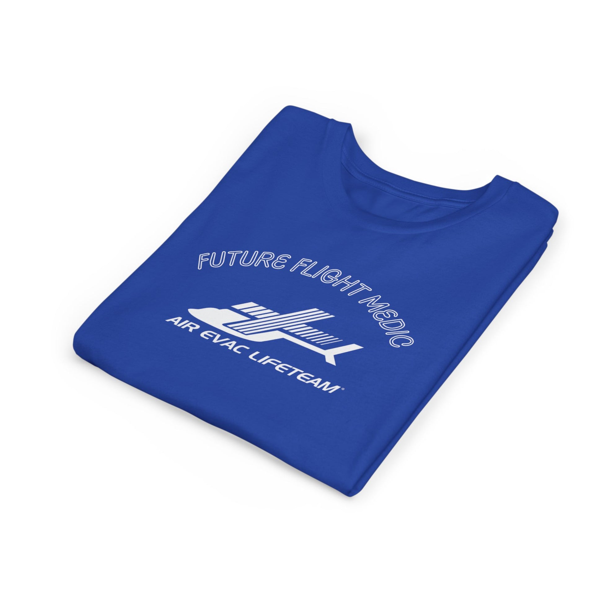 Folded blue kid's t-shirt with Air Evac Lifeteam logo and text "Future Flight Medic" by Rotor Wash & Wear