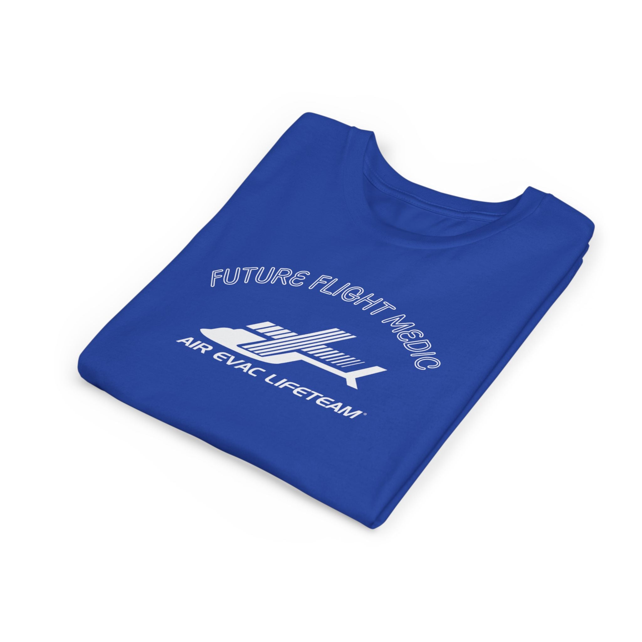 Folded blue kid's t-shirt with Air Evac Lifeteam logo and text "Future Flight Medic" by Rotor Wash & Wear