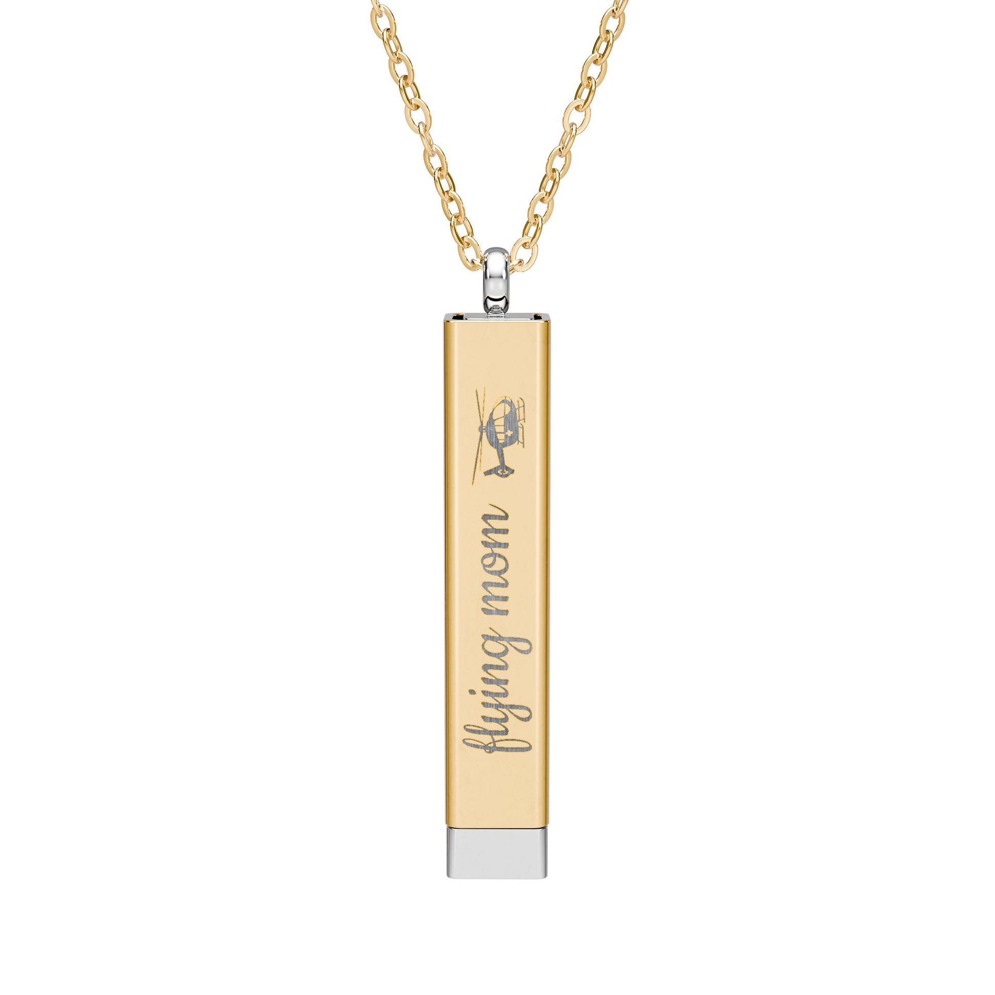 Silver and gold two-toned necklace with a cylindrical pendant engraved with 'flying mom' with hidden interior engraving "you're their hero" by Rotor Wash & Wear