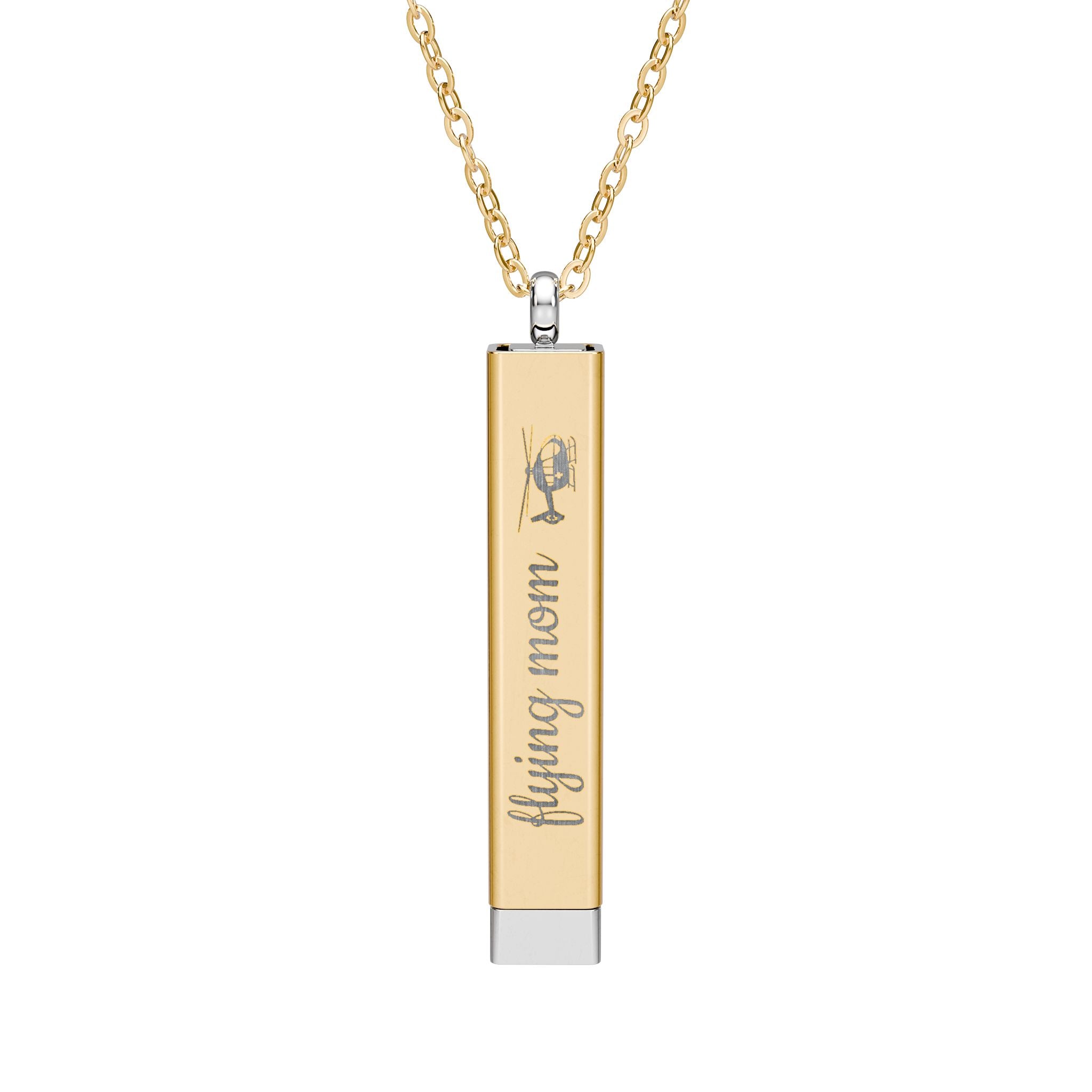Silver and gold two-toned necklace with a cylindrical pendant engraved with 'flying mom' with hidden interior engraving "you're their hero" by Rotor Wash & Wear