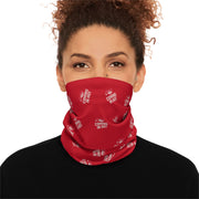 Person wearing a red neck gaiter with text "Coming in hot" with a helicopter graphic by Rotor Wash & Wear