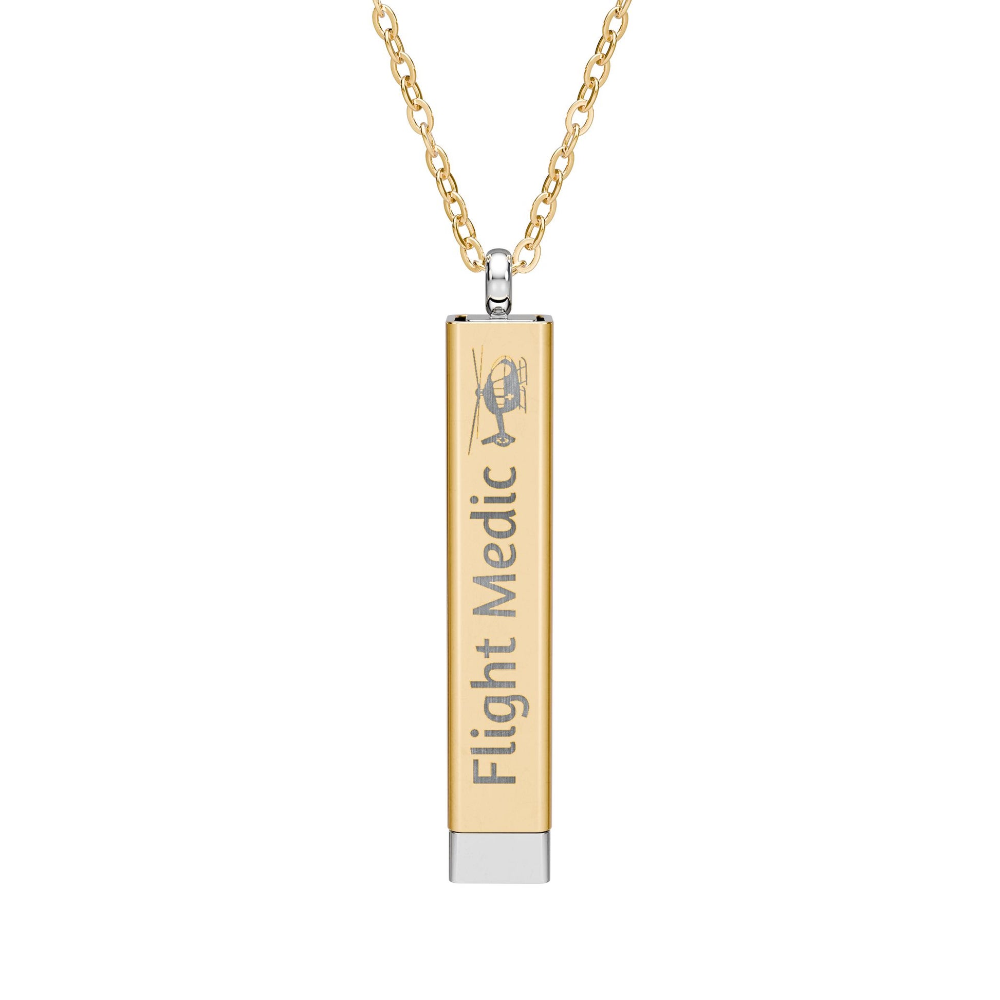 Silver and gold two-toned necklace with a cylindrical pendant engraved with 'flight medic' with hidden interior engraving "Fly Safe. Come home." by Rotor Wash & Wear