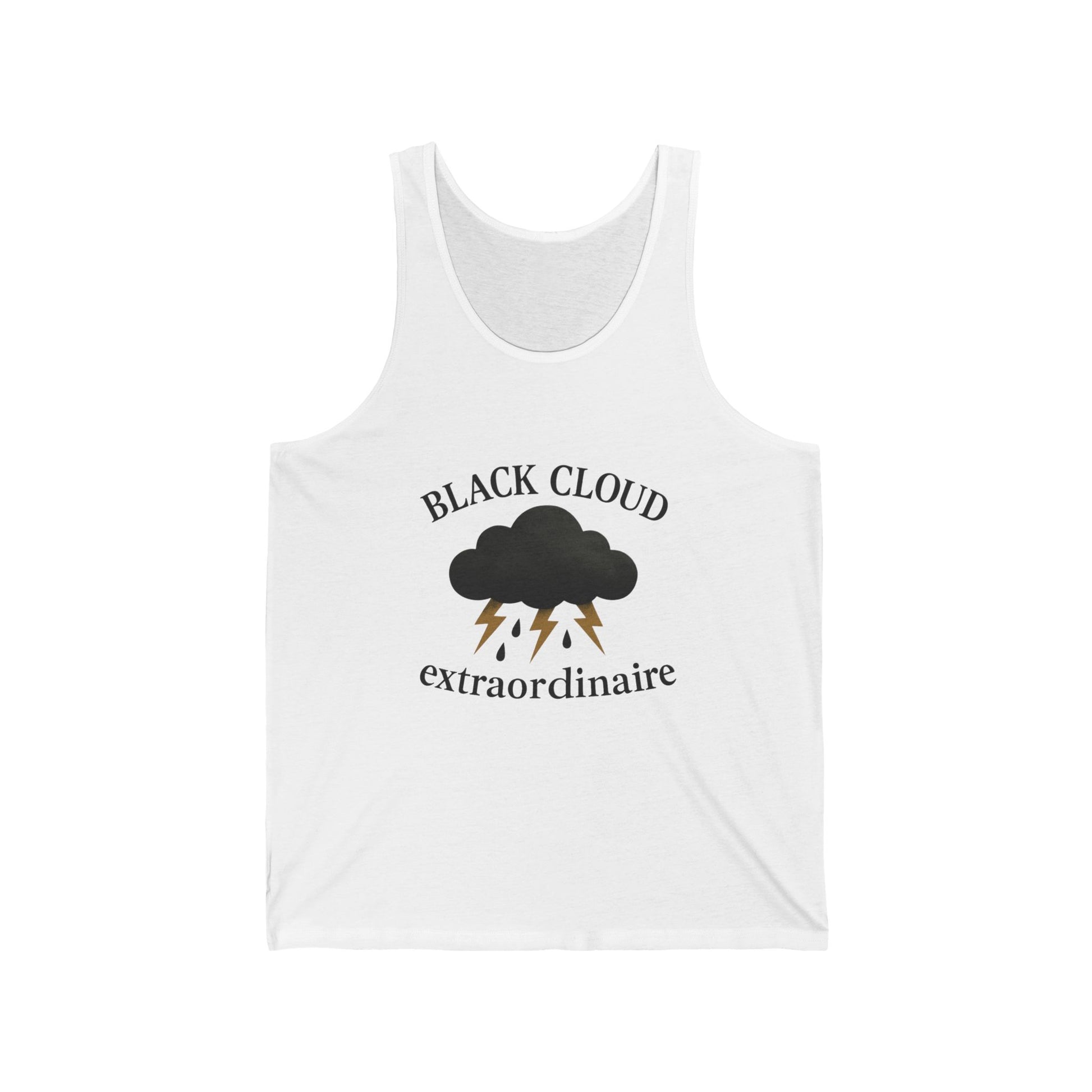 White tank top with black cloud graphic and text "Black Cloud Extraordinaire" on a white background