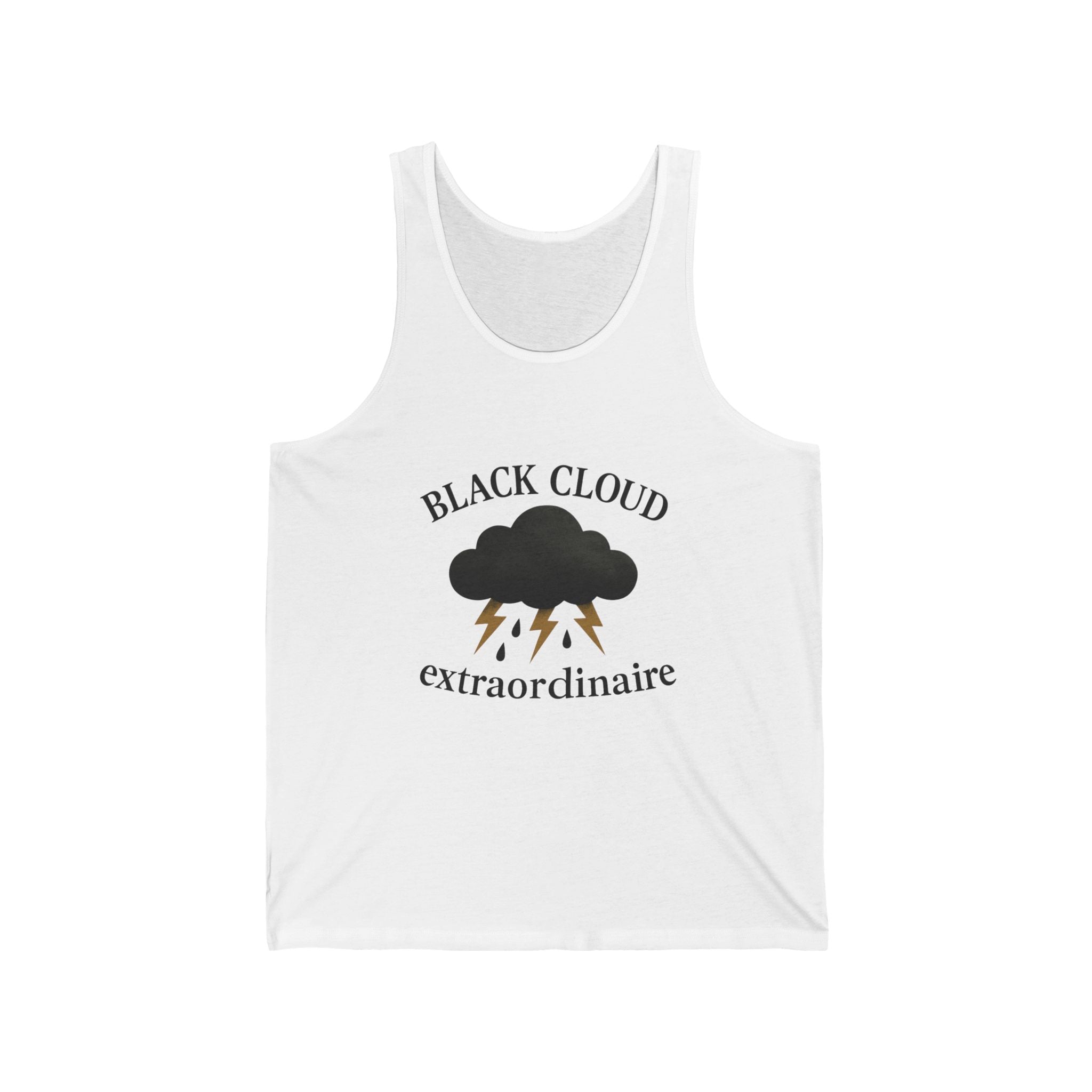 White tank top with black cloud graphic and text "Black Cloud Extraordinaire" on a white background