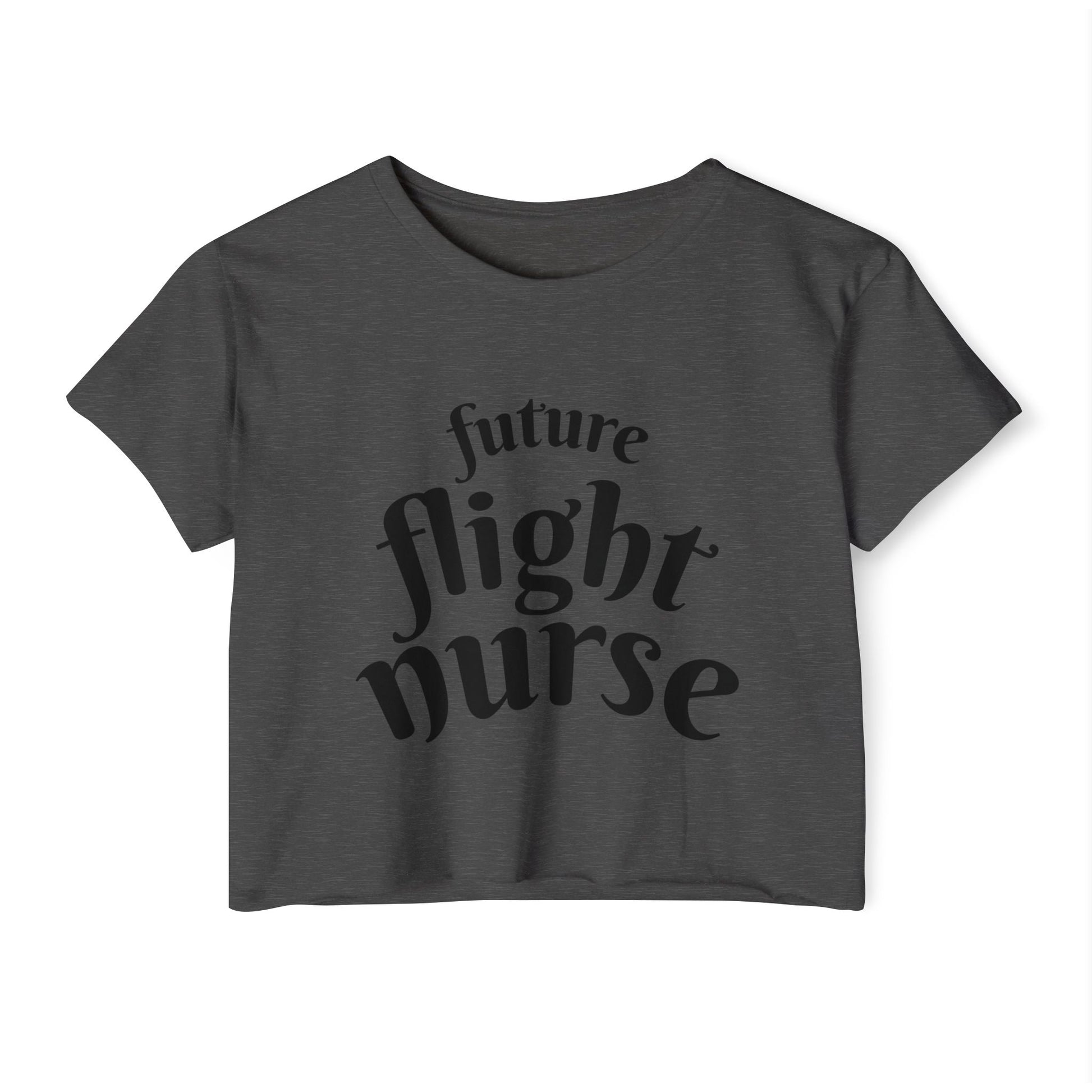 Dark gray t-shirt with 'future flight nurse' text on a white background