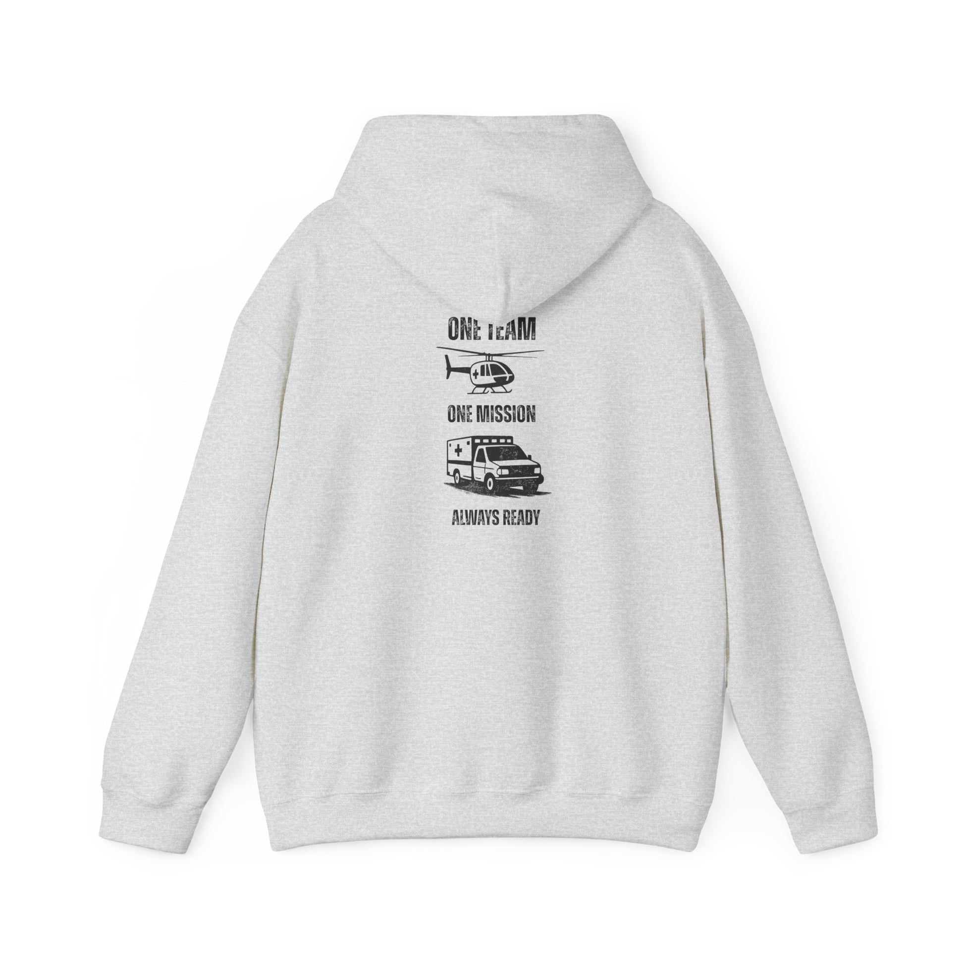 Gray hoodie with black text "One team, one mission, always ready" with medical helicopter and ambulance graphics on the back against a white background