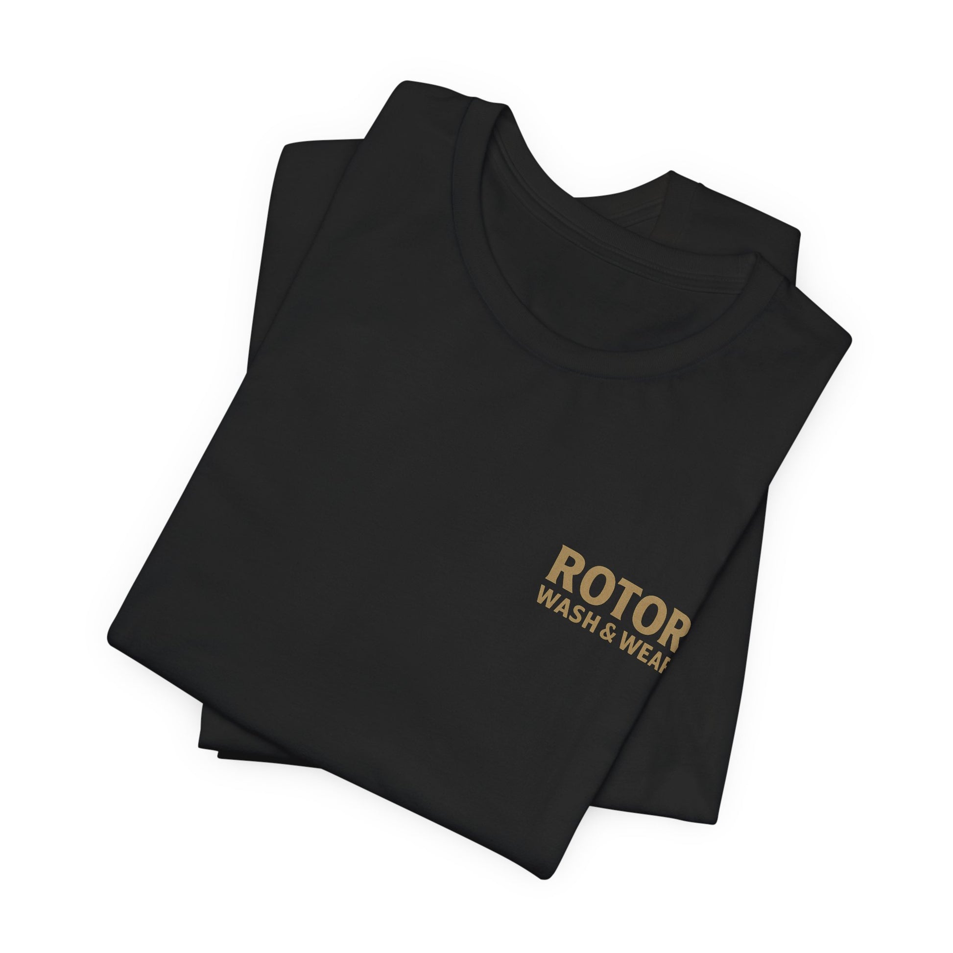 Folded black t-shirt with 'Rotor Wash & Wear' text on a white background
