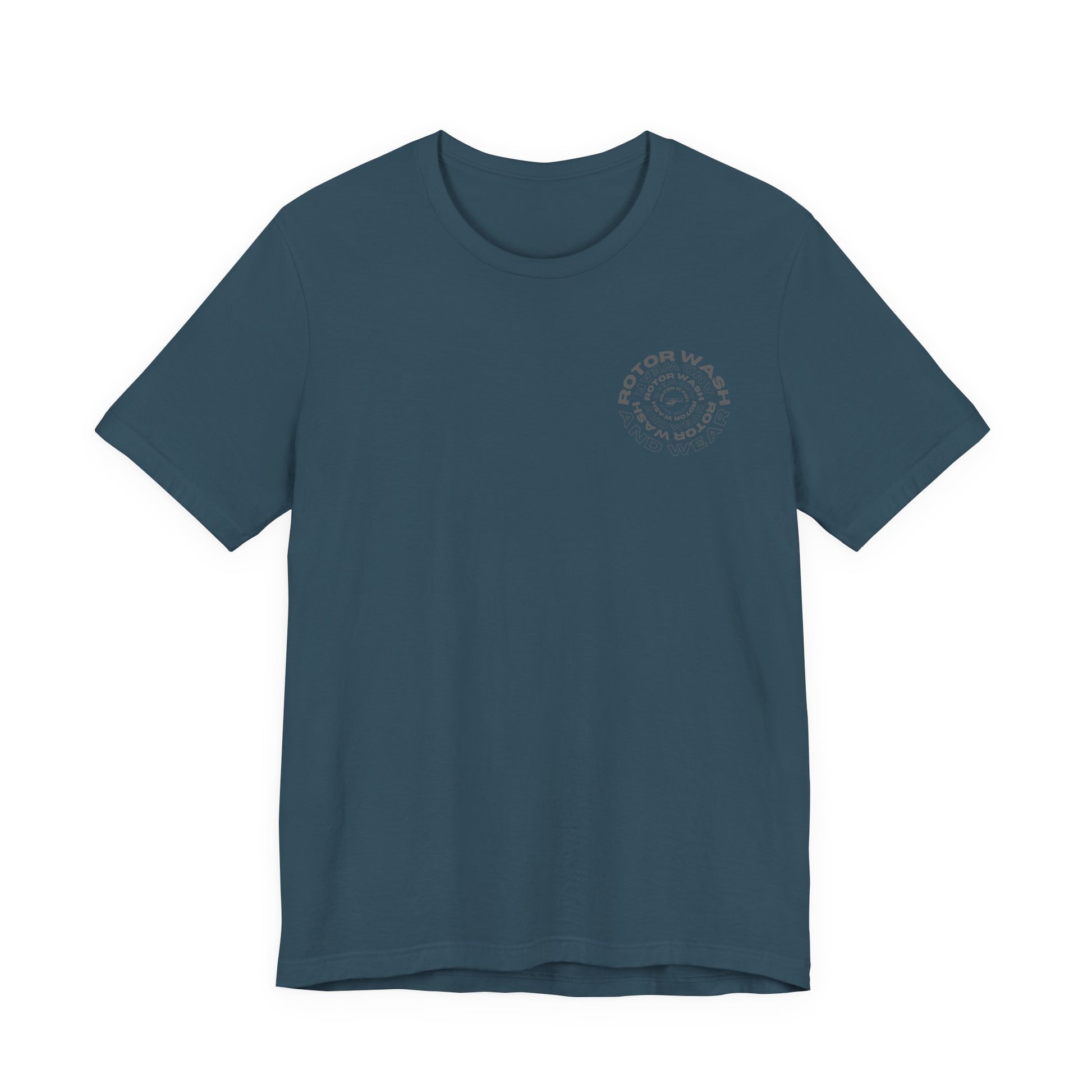 Deep teal t-shirt with 'Rotor Wash and Wear' circular design text design on the left chest on a white background