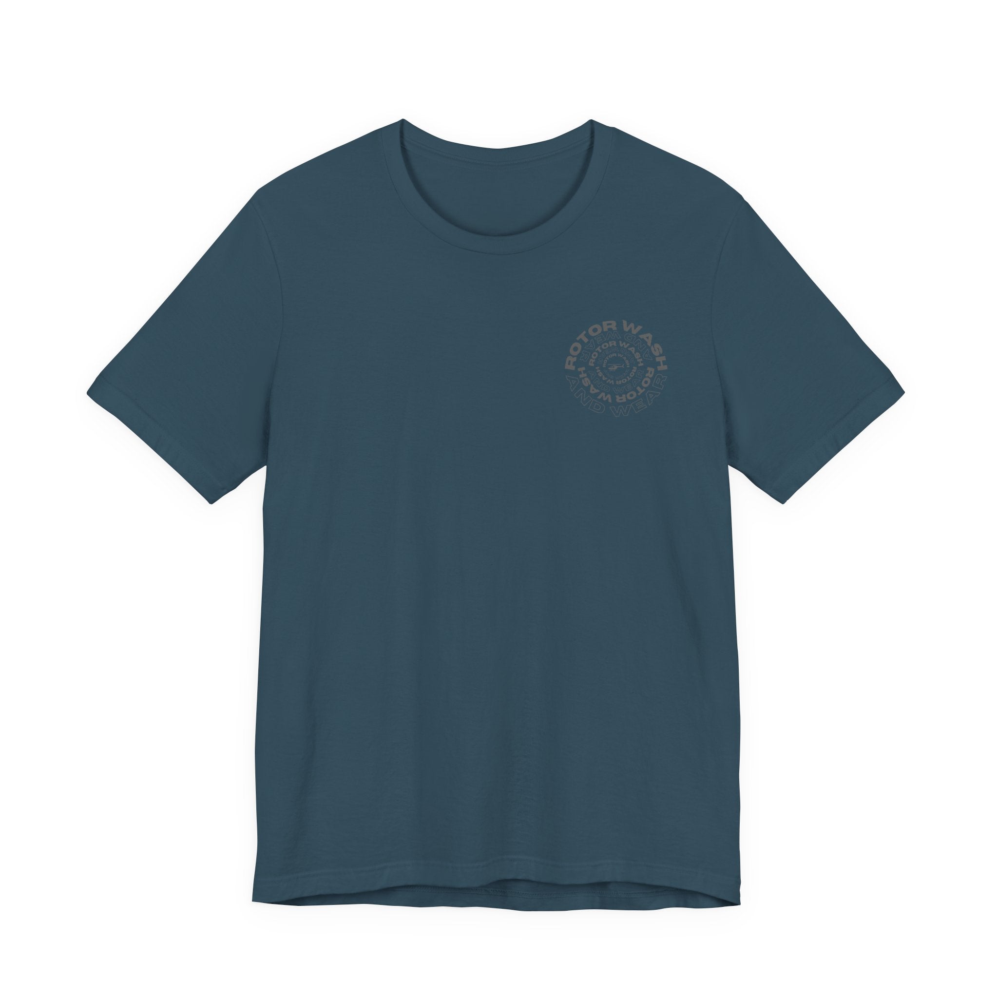 Deep teal t-shirt with 'Rotor Wash and Wear' circular design text design on the left chest on a white background