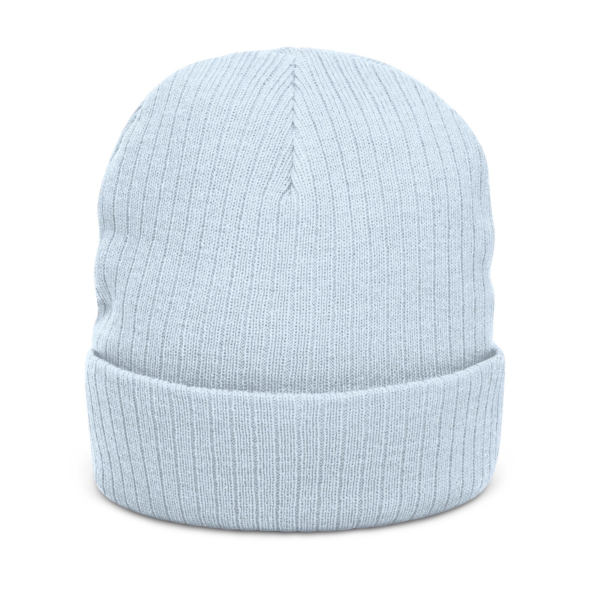 Light blue knit beanie on a white background