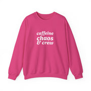 Pink sweatshirt with 'caffeine chaos & crew' text on by Rotor Wash & Wear