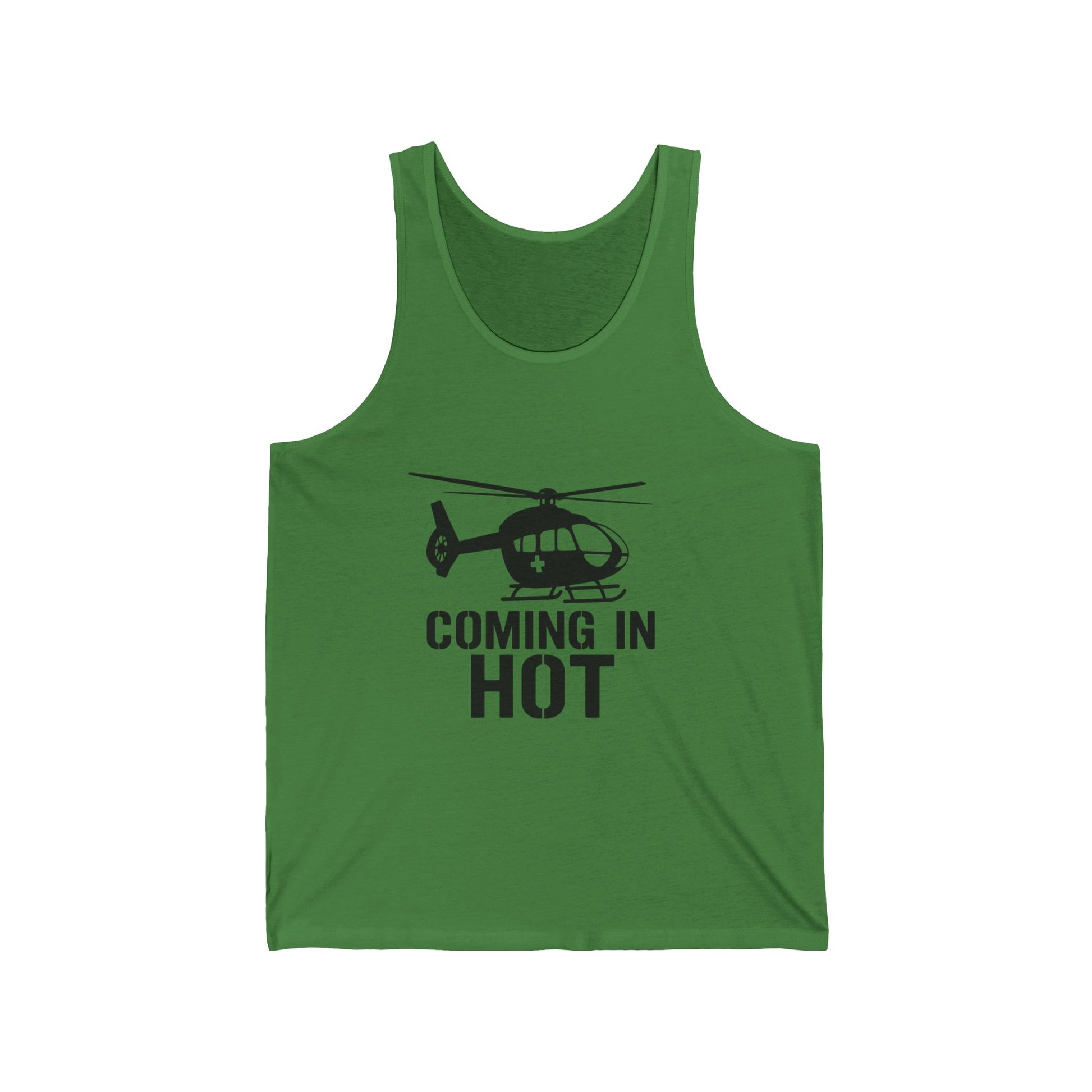Green tank top with helicopter graphic and text 'COMING IN HOT' on a white background