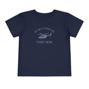 Navy toddler t-shirt with text "My dad is a super cool flight medic" and helicopter graphic by Rotor Wash & Wear