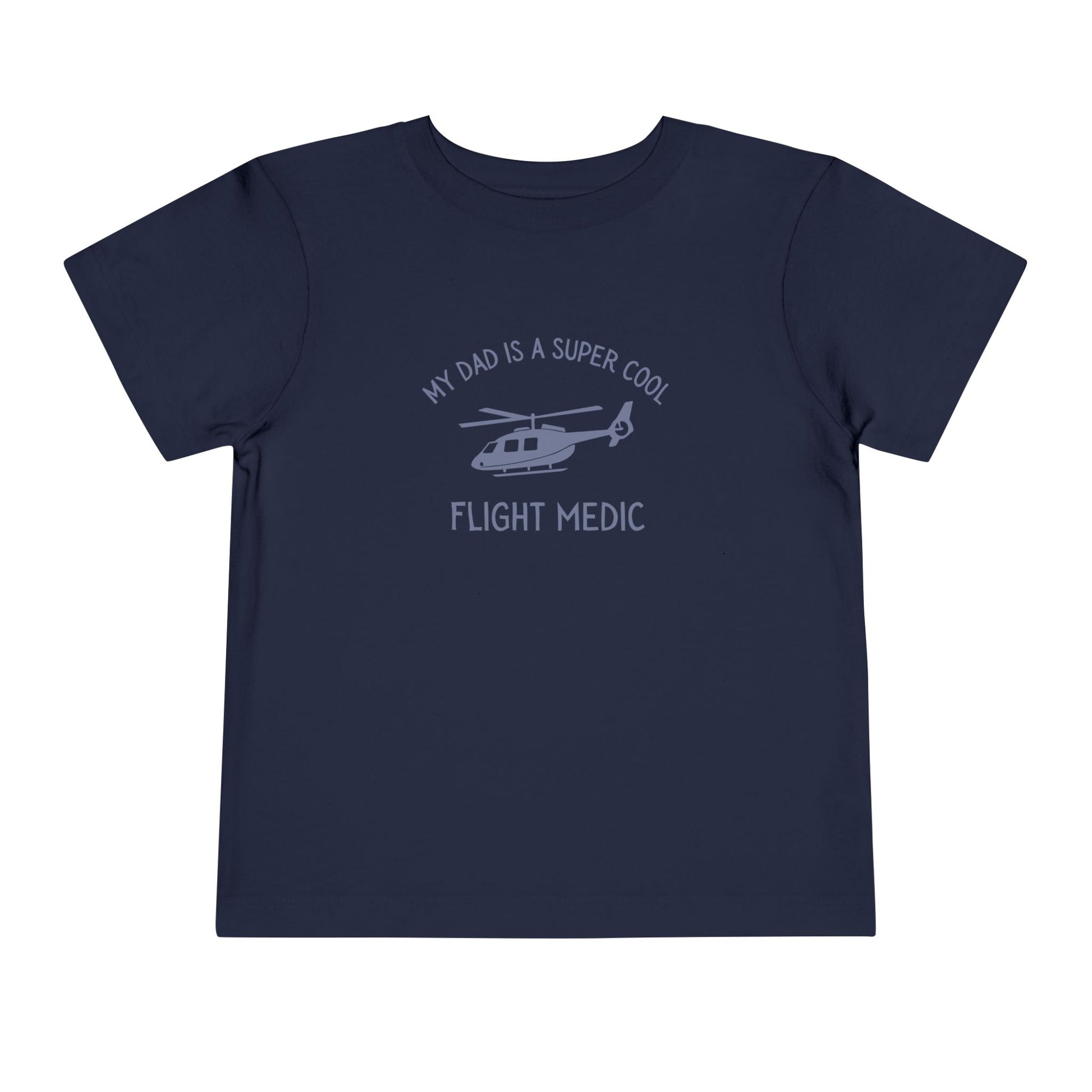 Navy toddler t-shirt with text "My dad is a super cool flight medic" and helicopter graphic by Rotor Wash & Wear