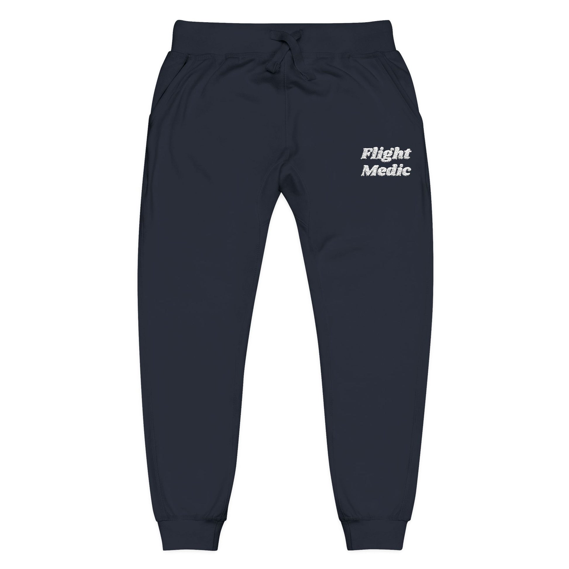 Navy joggers with 'Flight Medic' embroidered text on a white background