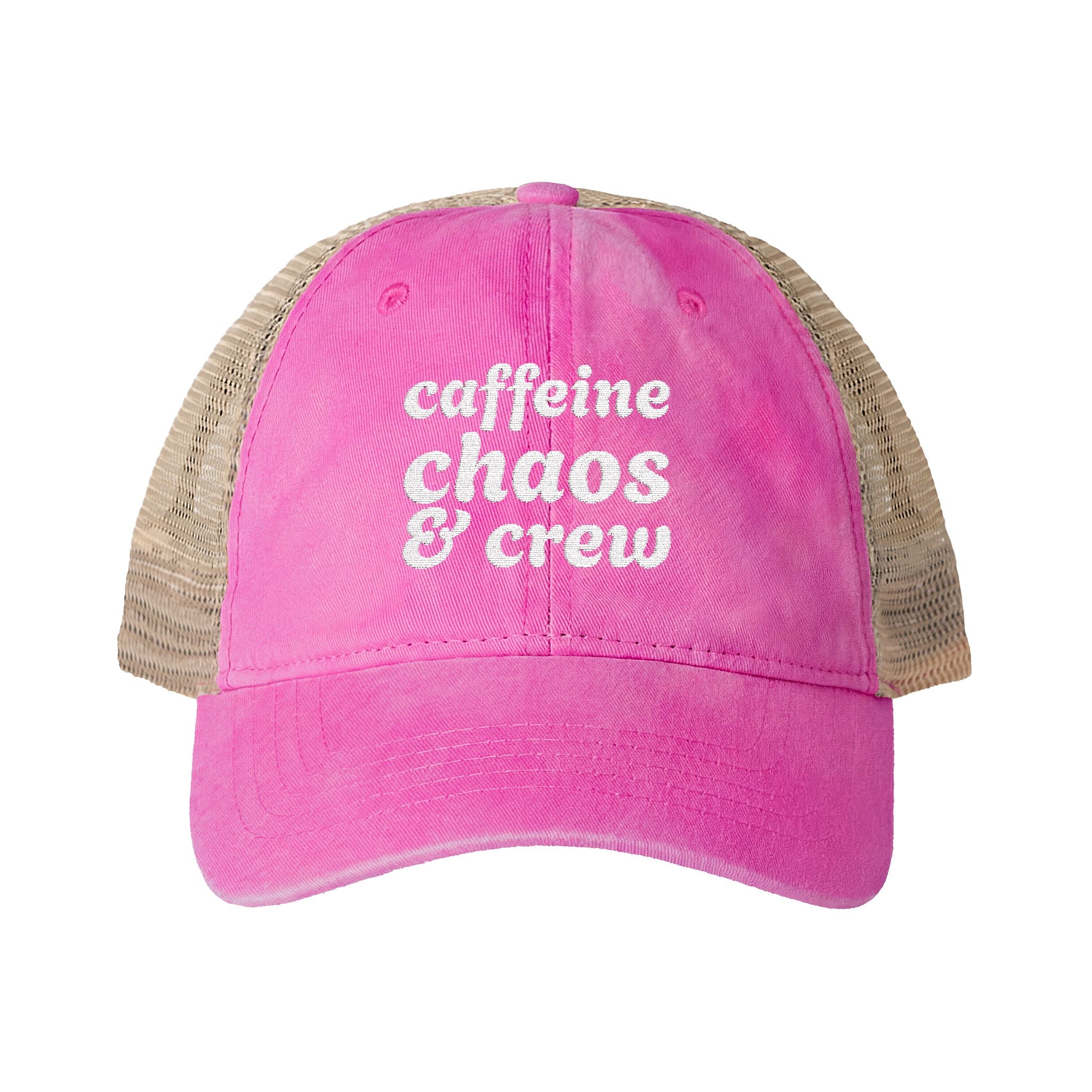 Women's "Caffeine, Chaos & Crew" Embroidered Trucker Hat