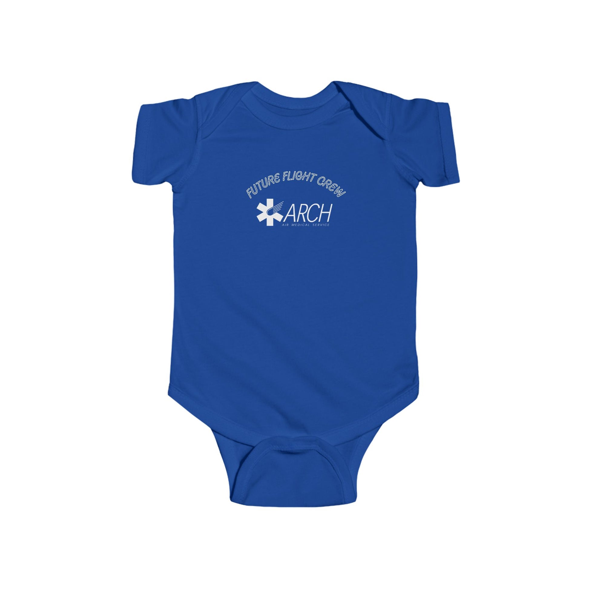 Blue baby onesie with ARCH by Air Methods logo and text "Future Flight Crew" by Rotor Wash & Wear