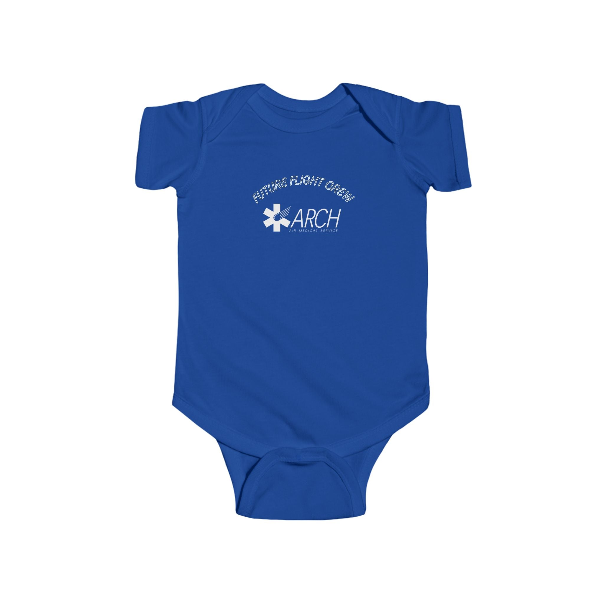 Blue baby onesie with ARCH by Air Methods logo and text "Future Flight Crew" by Rotor Wash & Wear
