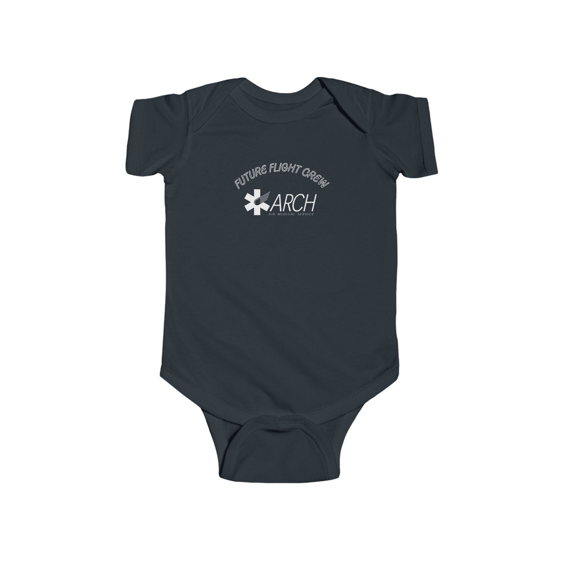 Dark gray baby onesie with ARCH by Air Methods logo and text "Future Flight Crew" by Rotor Wash & Wear