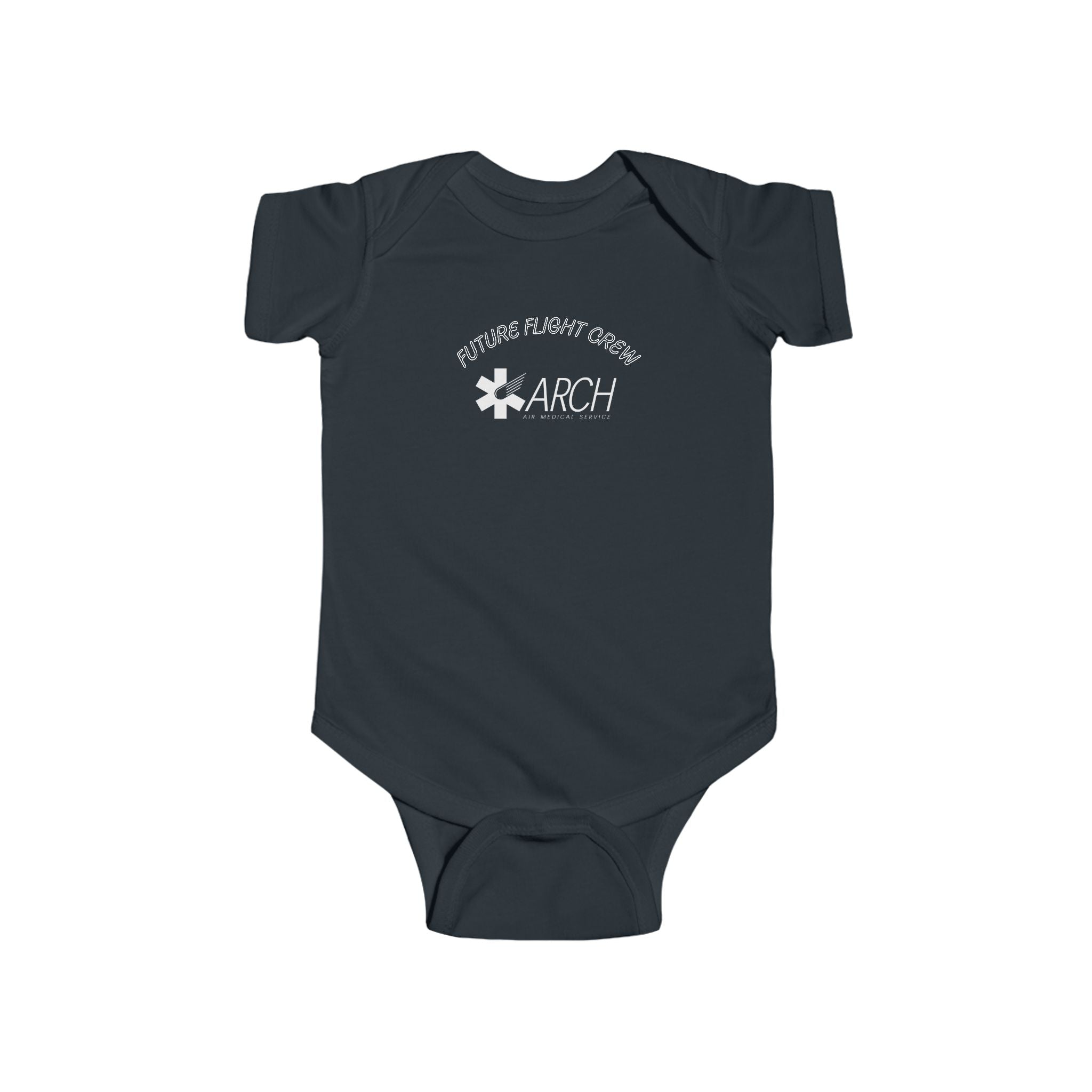 Dark gray baby onesie with ARCH by Air Methods logo and text "Future Flight Crew" by Rotor Wash & Wear