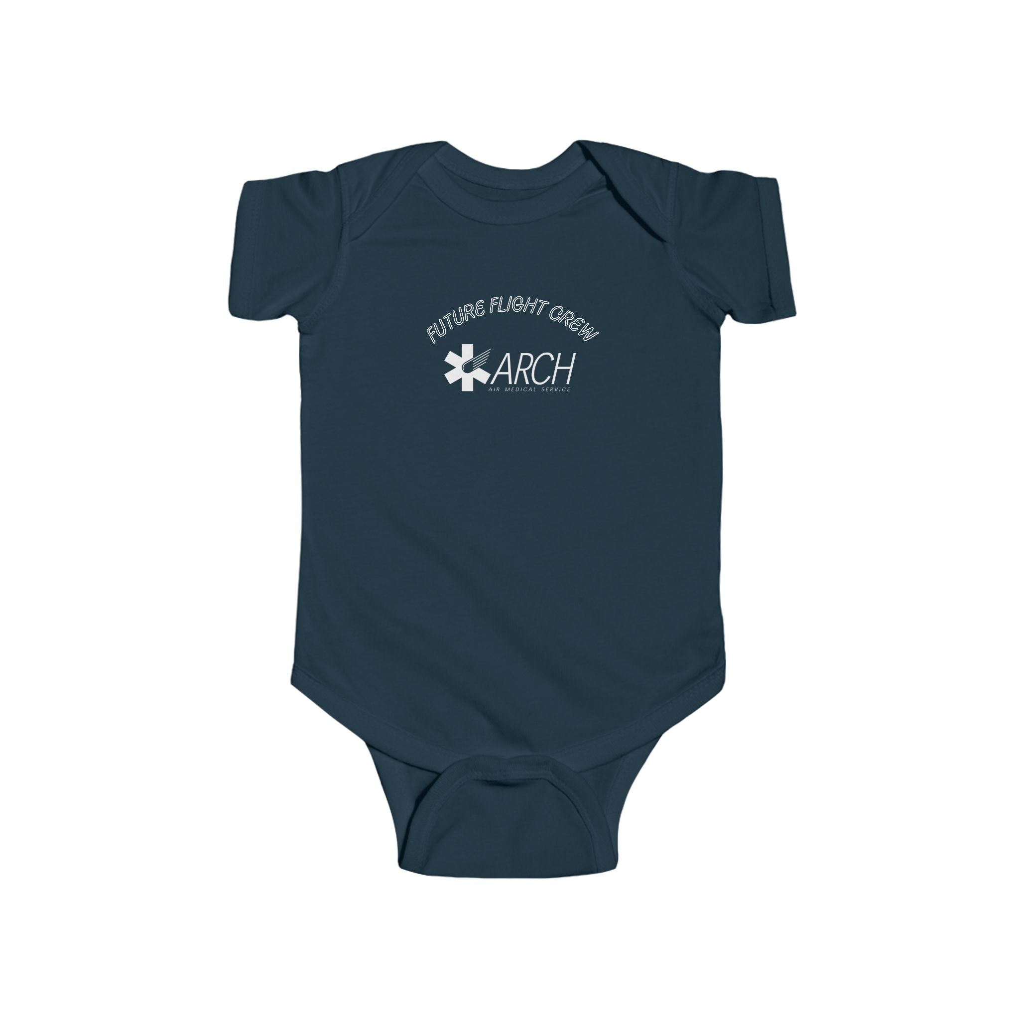 Navy blue baby onesie with ARCH by Air Methods logo and text "Future Flight Crew" by Rotor Wash & Wear