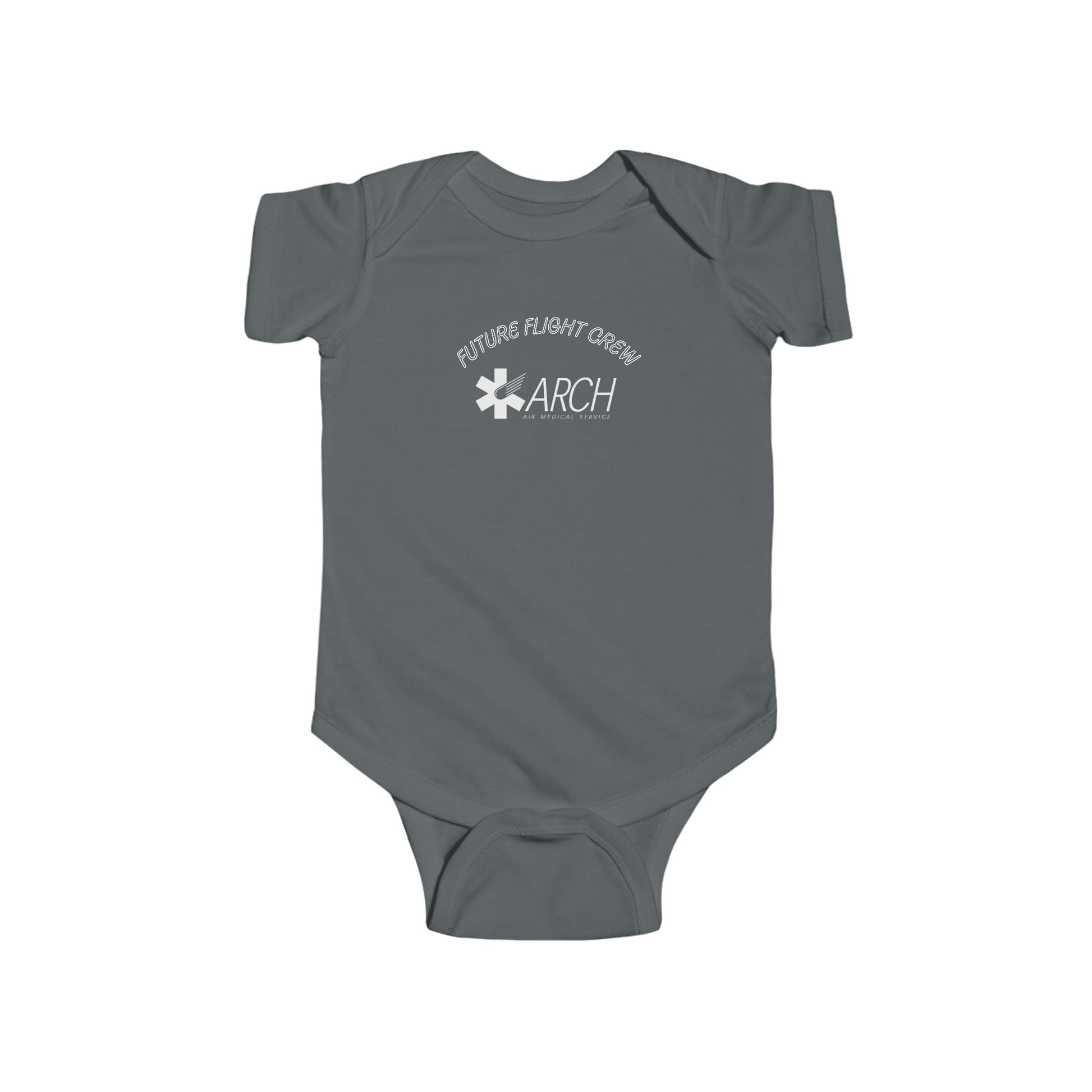 Gray baby onesie with ARCH by Air Methods logo and text "Future Flight Crew" by Rotor Wash & Wear