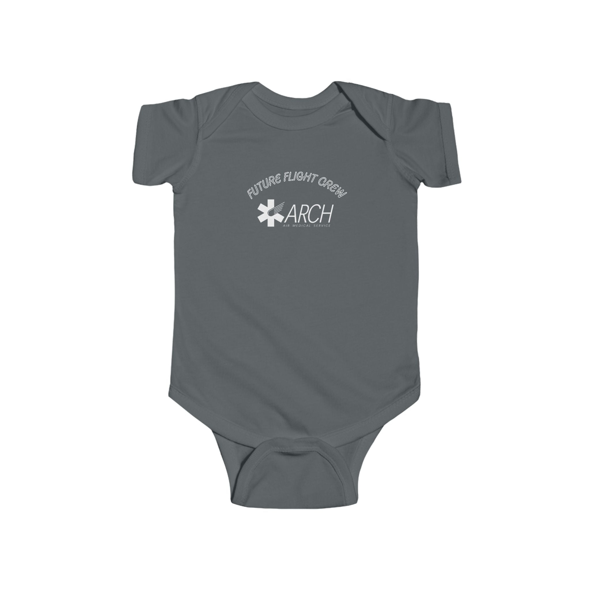 Gray baby onesie with ARCH by Air Methods logo and text "Future Flight Crew" by Rotor Wash & Wear