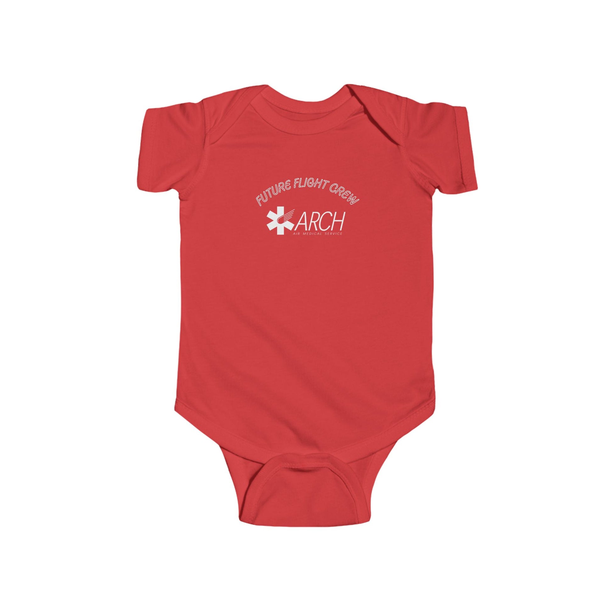 Red baby onesie with ARCH by Air Methods logo and text "Future Flight Crew" by Rotor Wash & Wear